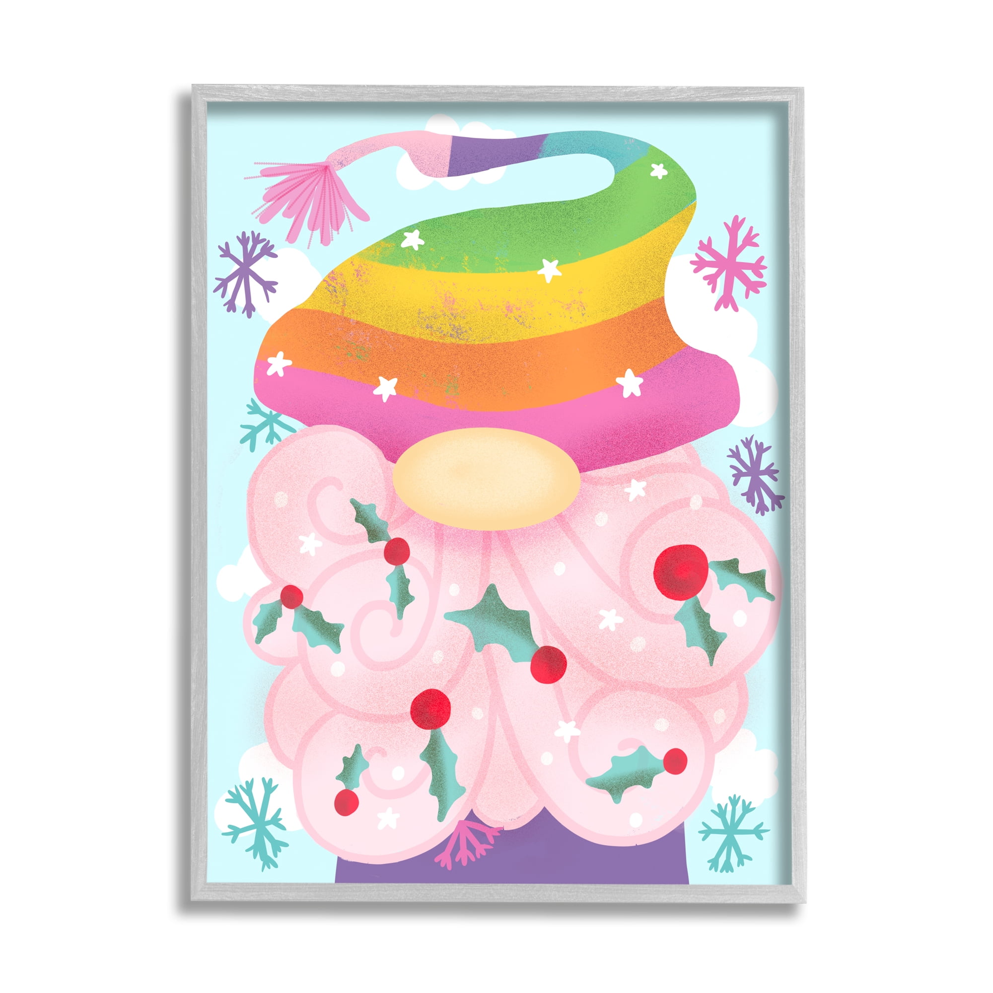 Stupell Industries Whimsical Winter Rainbow Gnome Red Holly Beard Novelty Painting Gray Framed Art Print Wall Art, 24 x 30, Design by Daphne Polselli
