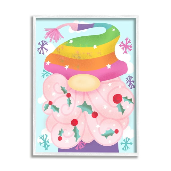 Stupell Industries Whimsical Winter Rainbow Gnome Red Holly Beard Novelty Painting White framed Art Print Wall Art, 24 x 30, Design by Daphne Polselli