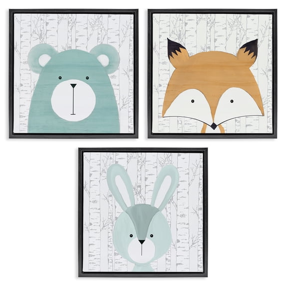 Stupell Industries Whimsical Woodland Nursery Animals Animals Painting Black Floater Framed Canvas Art Print Wall Art, 25 x 25, Set of 3