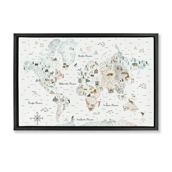 Stupell Industries Whimsical World Traveler Map Animals Painting Black Floater Framed Canvas Art Print Wall Art, 25 x 17