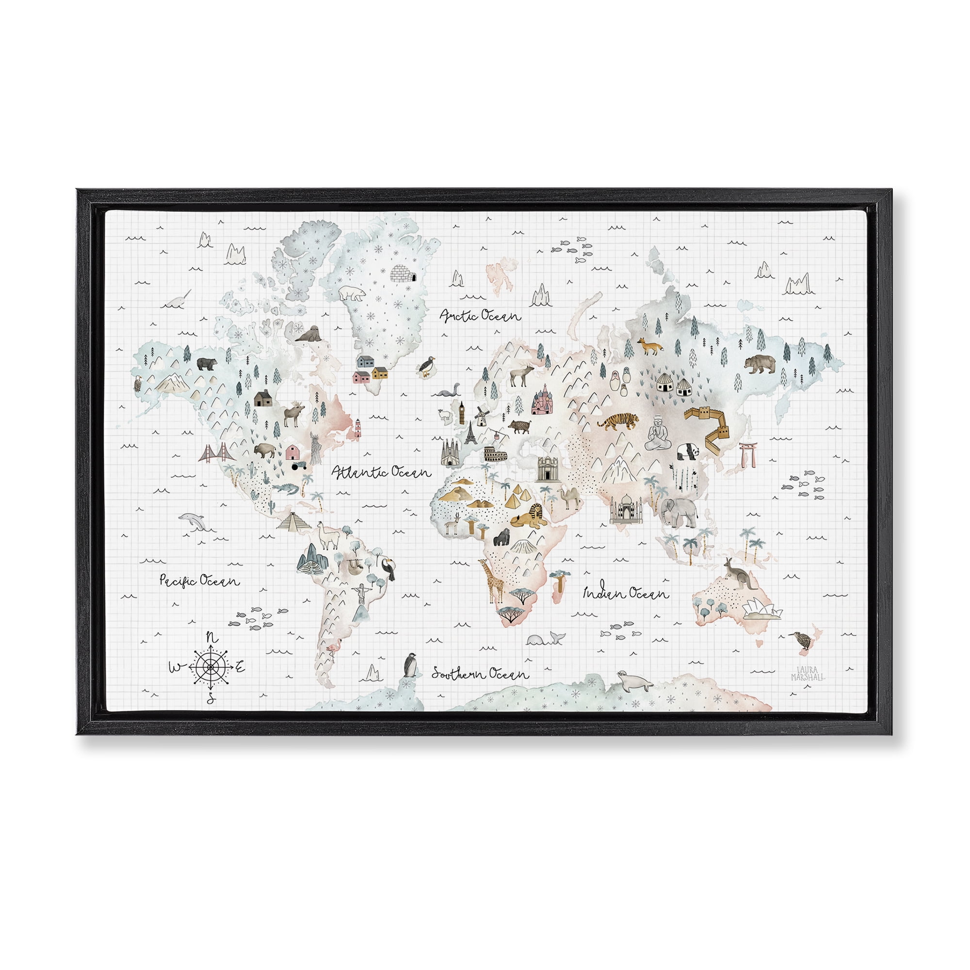 Stupell Industries Whimsical World Traveler Map Animals Painting Black Floater Framed Canvas Art Print Wall Art, 31 x 21