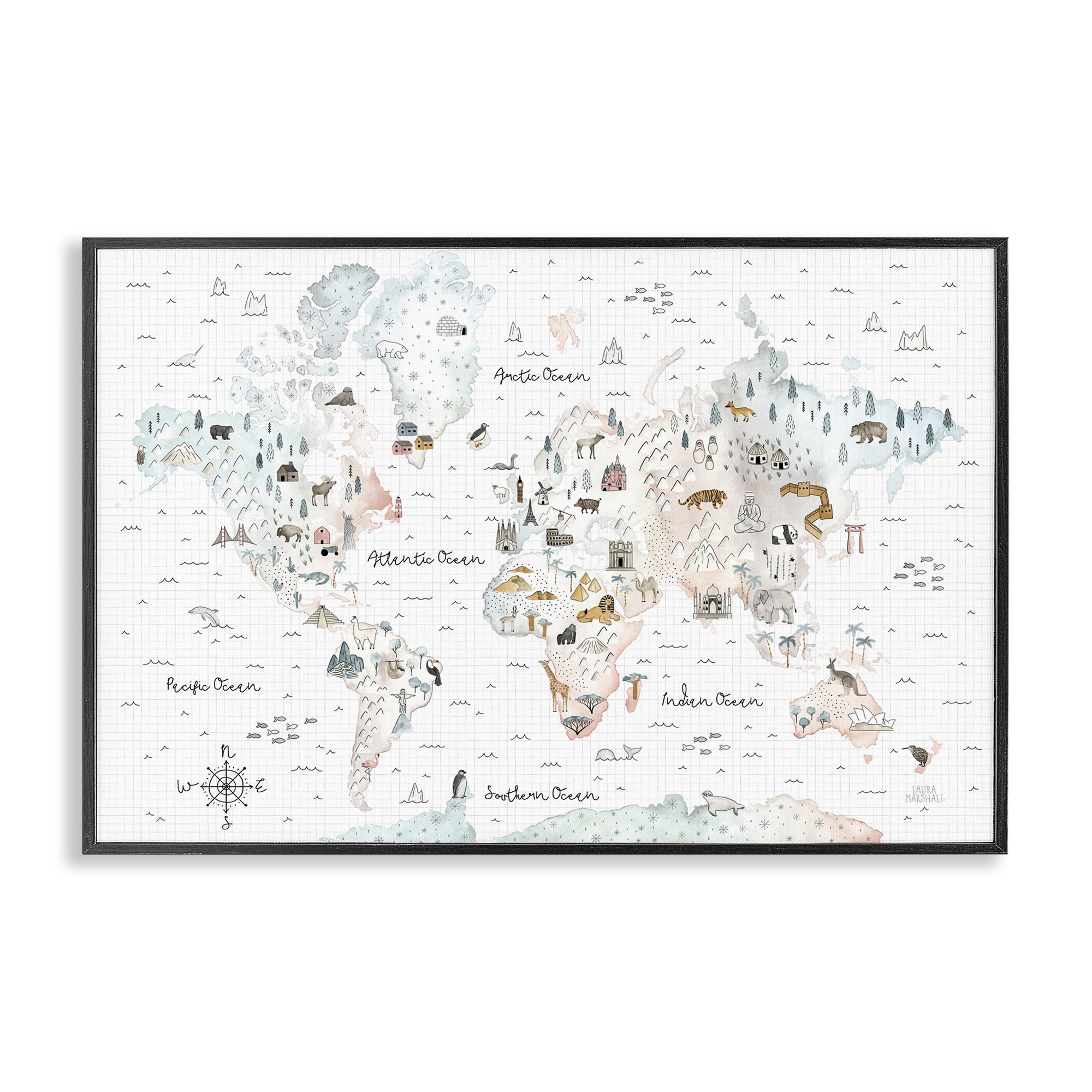 Stupell Industries Whimsical World Traveler Map Animals Painting Black Framed Art Print Wall Art, 18 x 12