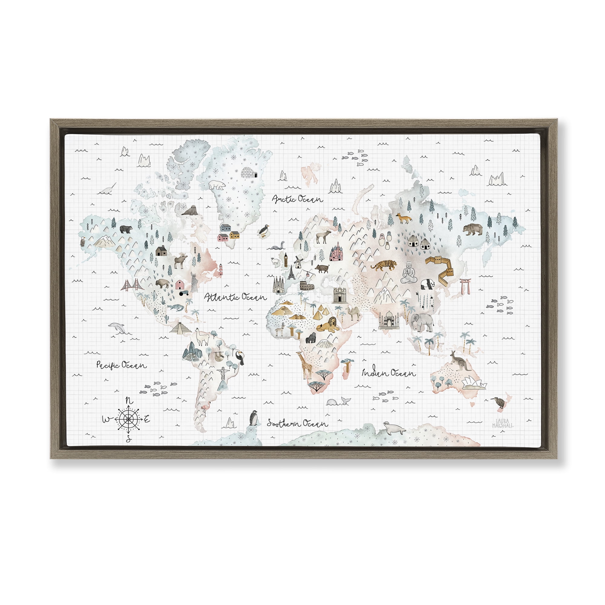 Stupell Industries Whimsical World Traveler Map Animals Painting Brown Floater Framed Canvas Art Print Wall Art, 25 x 17