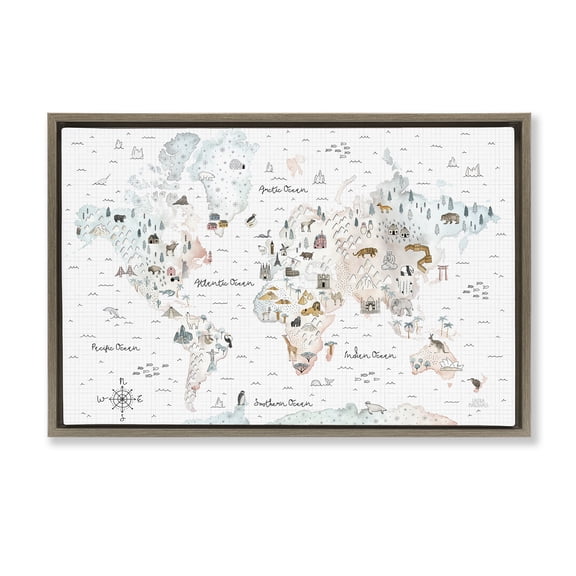 Stupell Industries Whimsical World Traveler Map Animals Painting Brown Floater Framed Canvas Art Print Wall Art, 25 x 17