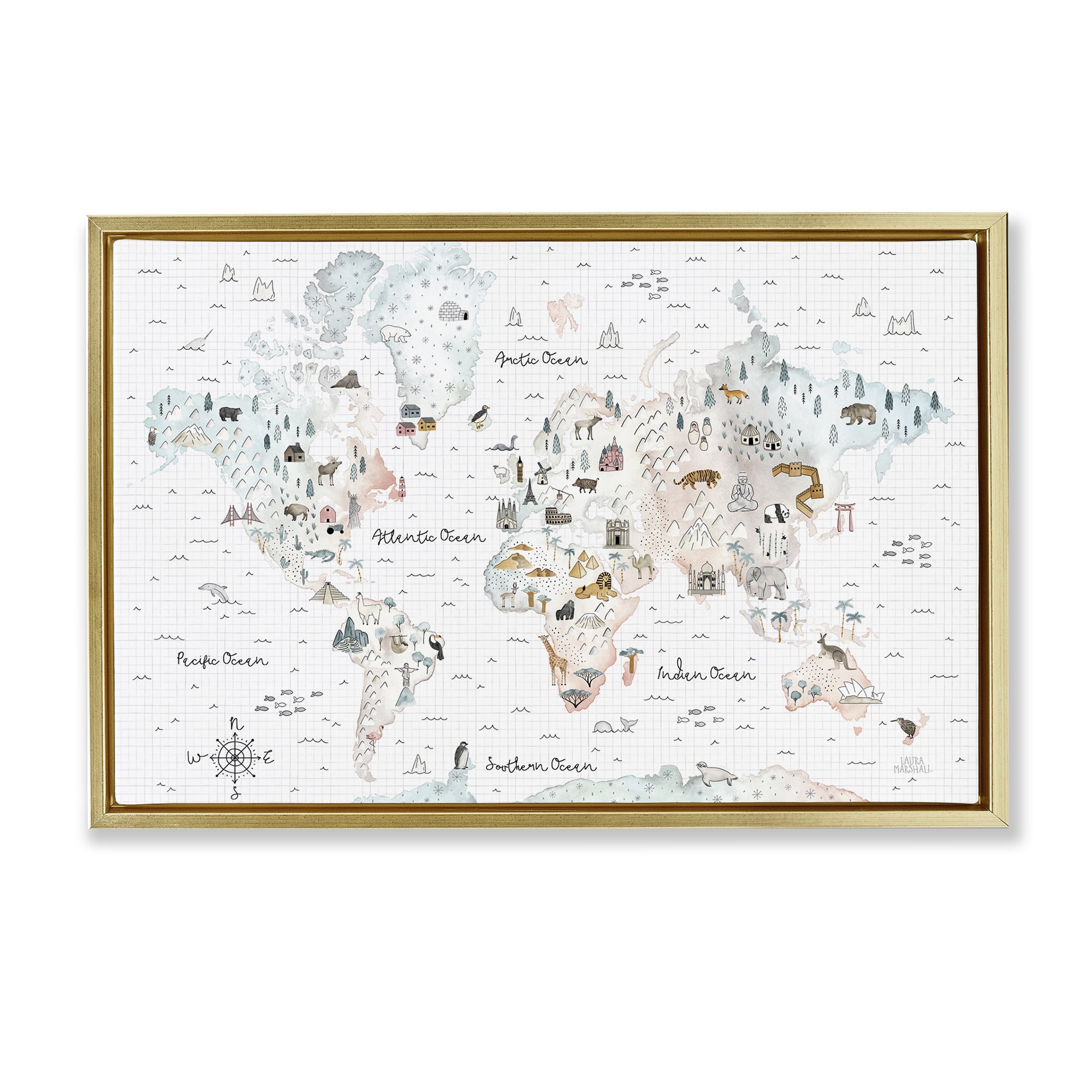 Stupell Industries Whimsical World Traveler Map Animals Painting Gold Floater Framed Canvas Art Print Wall Art, 31 x 21