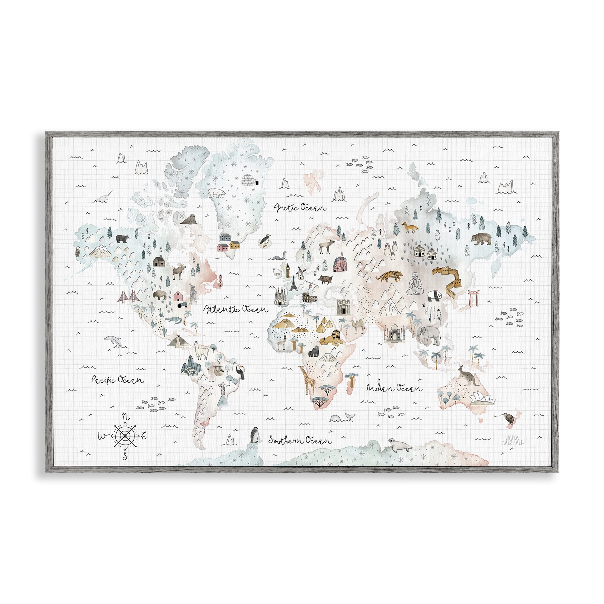 Stupell Industries Whimsical World Traveler Map Animals Painting Gray Framed Art Print Wall Art, 18 x 12