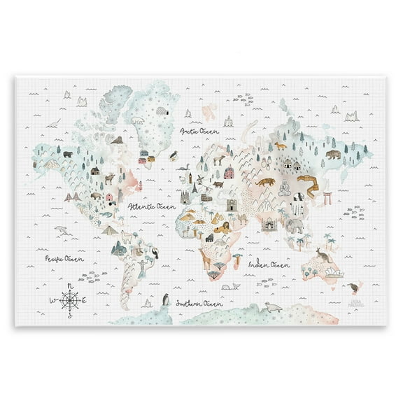 Stupell Industries Whimsical World Traveler Map Animals Painting Unframed Art Print Wall Art, 15 x 10