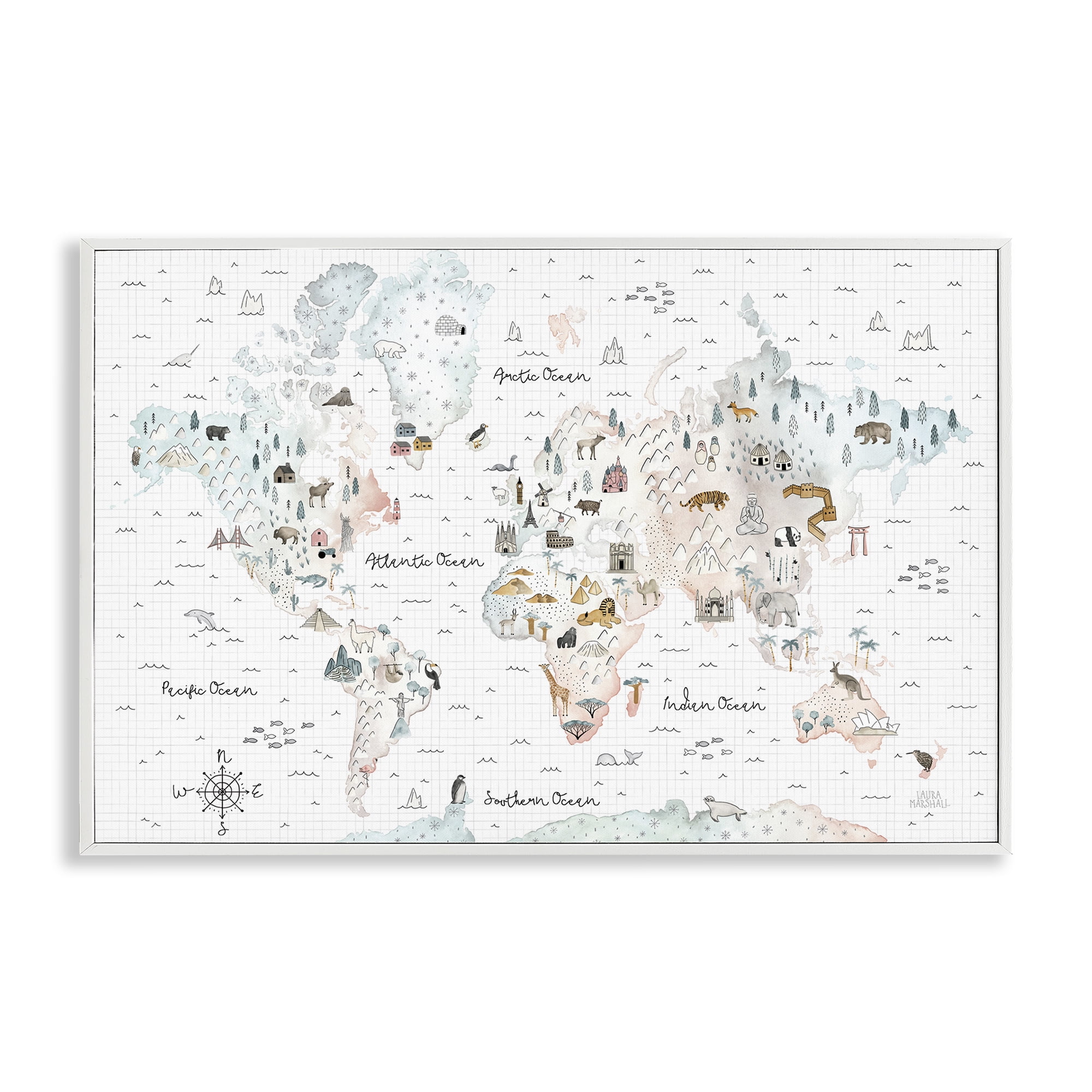 Stupell Industries Whimsical World Traveler Map Animals Painting White Framed Art Print Wall Art, 18 x 12