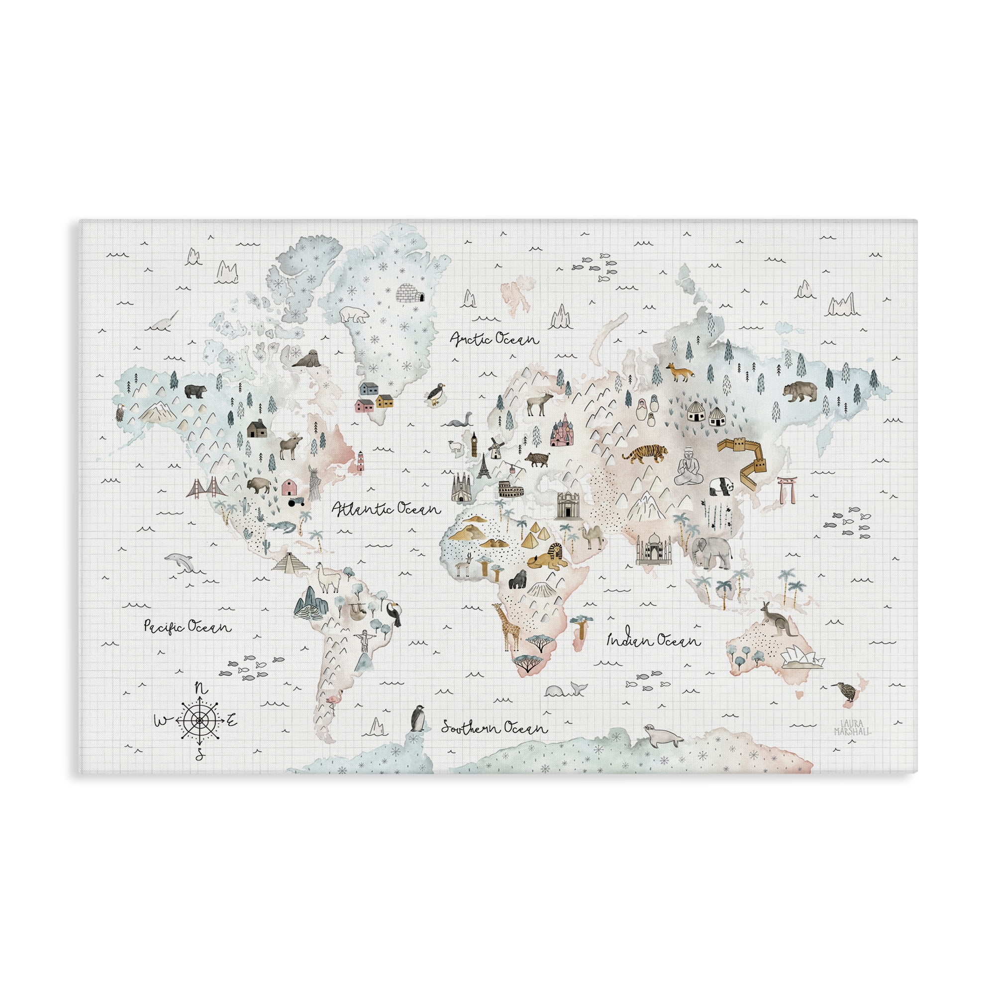 Stupell Industries Whimsical World Traveler Map Animals Painting Wrapped Canvas Art Print Wall Art, 30 x 20