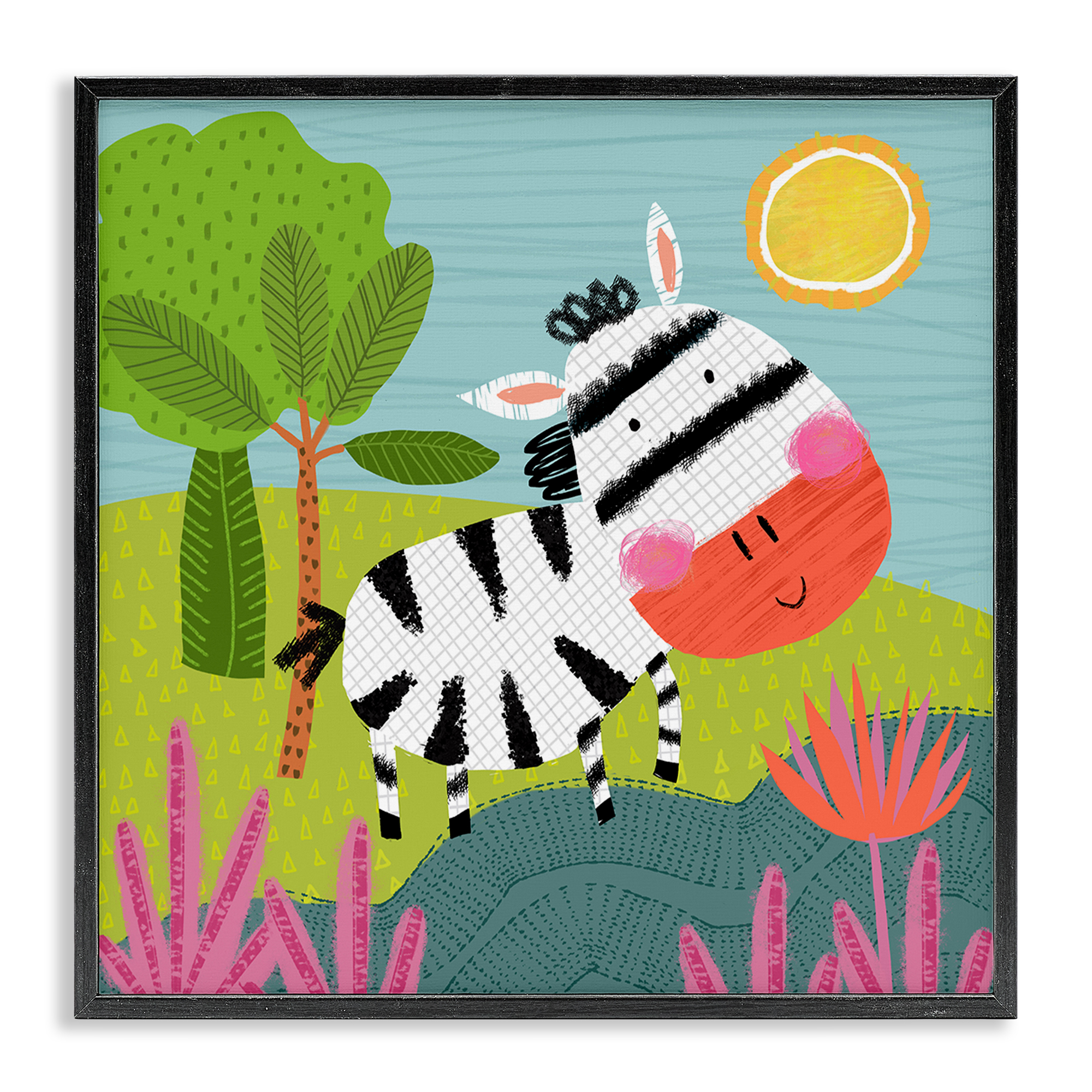Stupell Industries Whimsical Zebra in Nature Animals Painting Black Framed Art Print Wall Art, 17 x 17