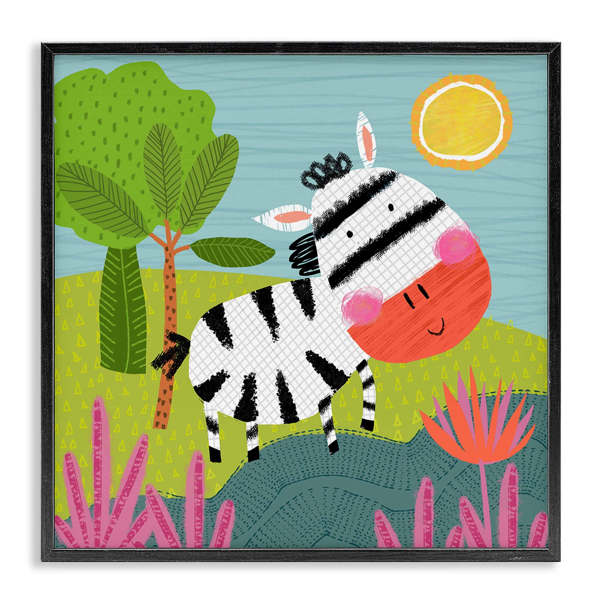 Stupell Industries Whimsical Zebra in Nature Animals Painting Black Framed Art Print Wall Art, 24 x 24