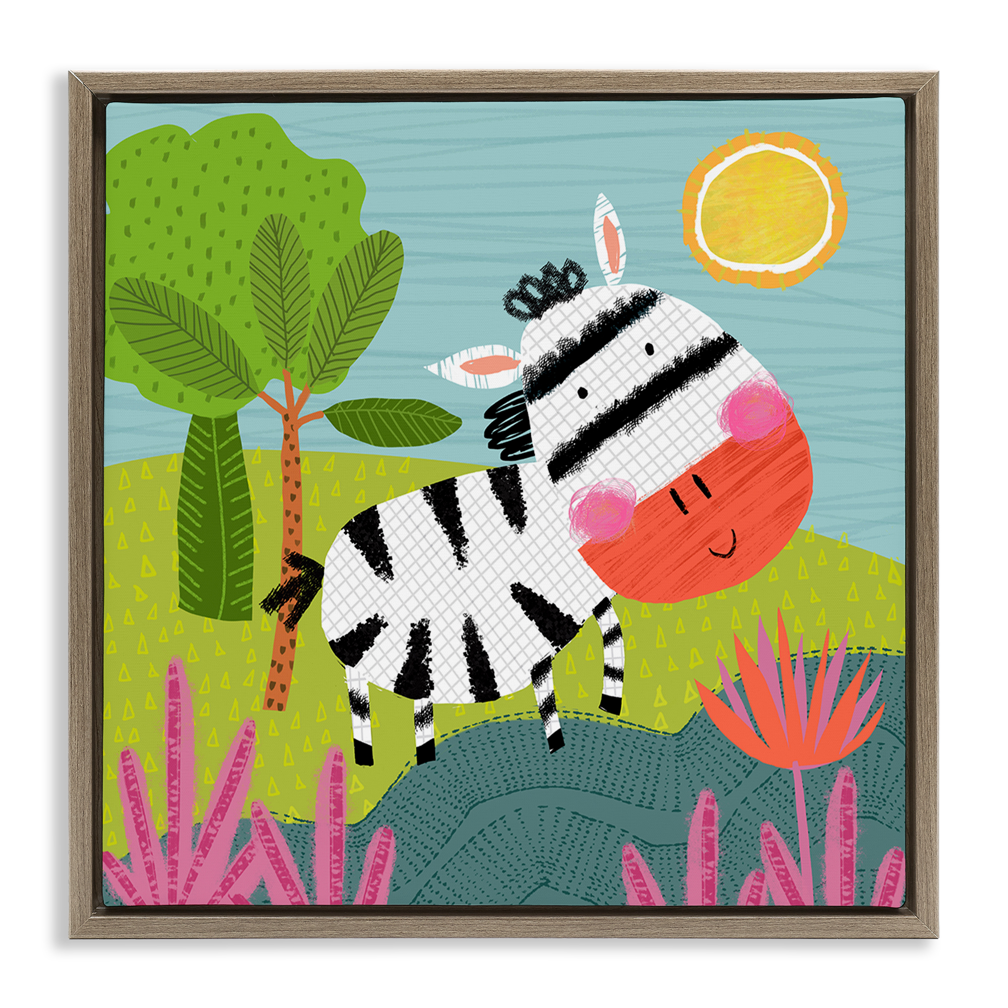 Stupell Industries Whimsical Zebra in Nature Animals Painting Brown Floater Framed Canvas Art Print Wall Art, 25 x 25