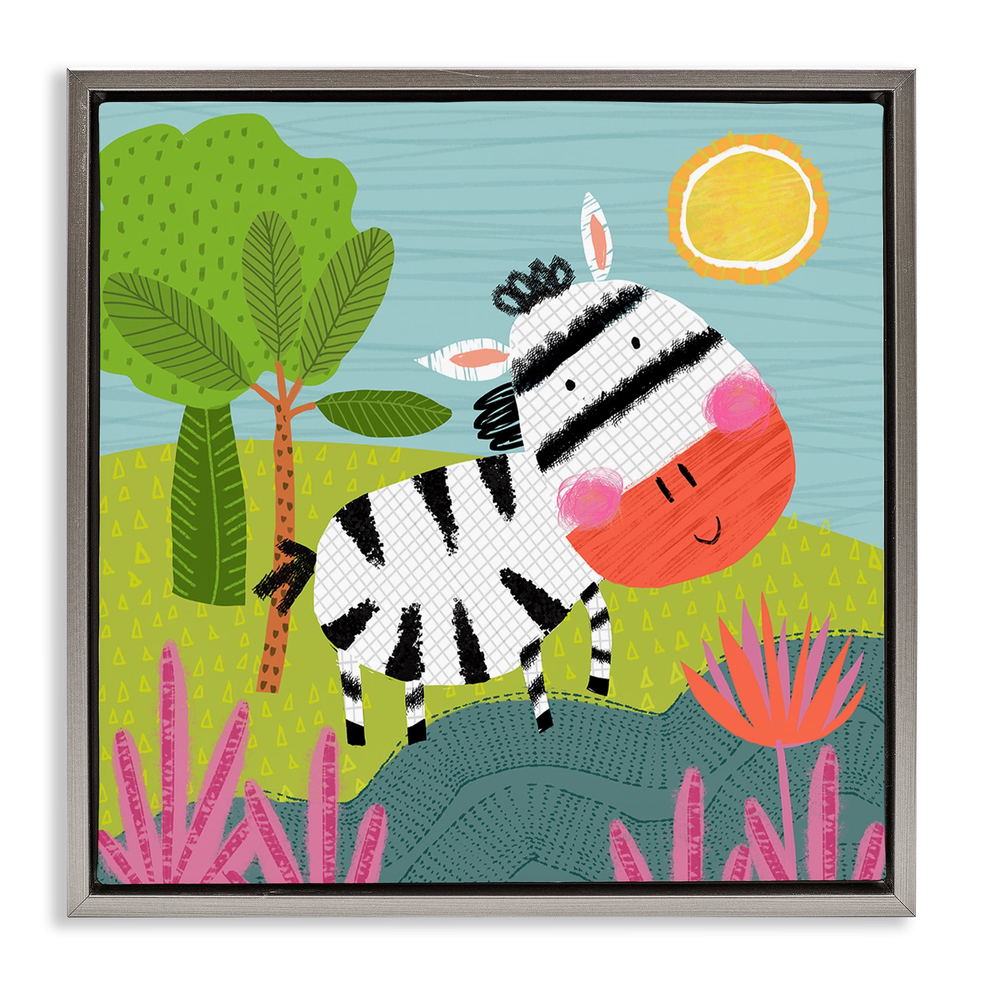 Stupell Industries Whimsical Zebra in Nature Animals Painting Gray Floater Framed Canvas Art Print Wall Art, 18 x 18