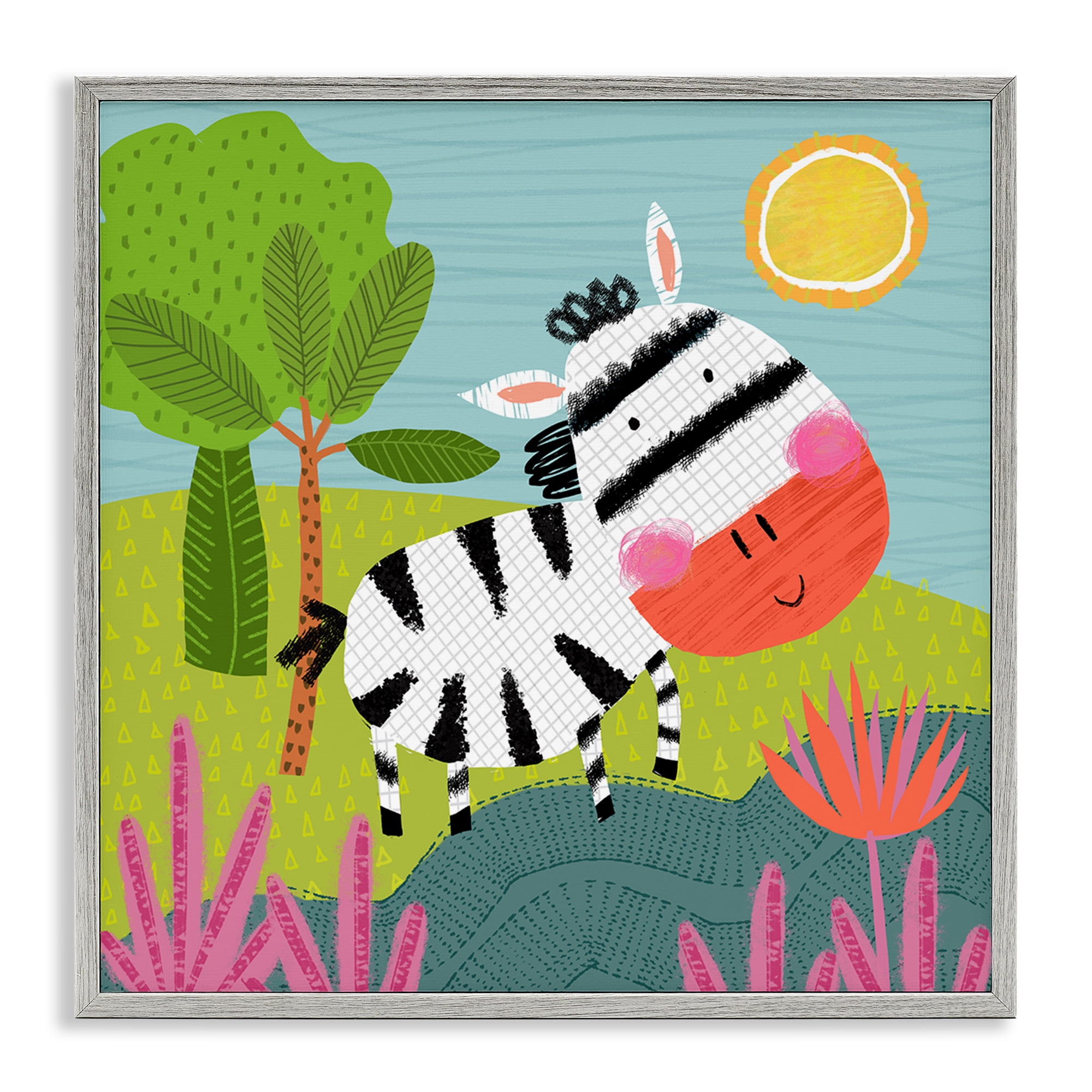 Stupell Industries Whimsical Zebra in Nature Animals Painting Gray Framed Art Print Wall Art, 17 x 17