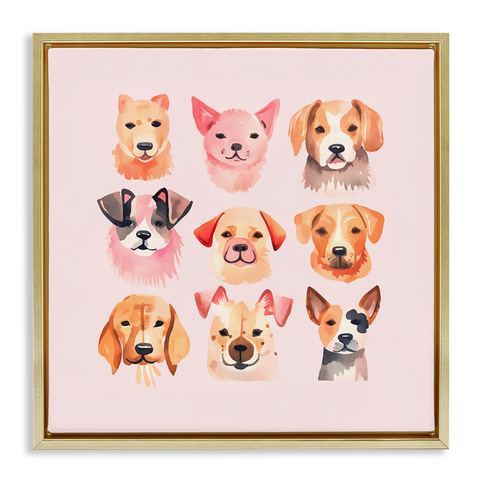 Stupell Industries Whimsy Dog Parade Animals Painting Gold Floater Framed Canvas Art Print Wall Art, 18 x 18