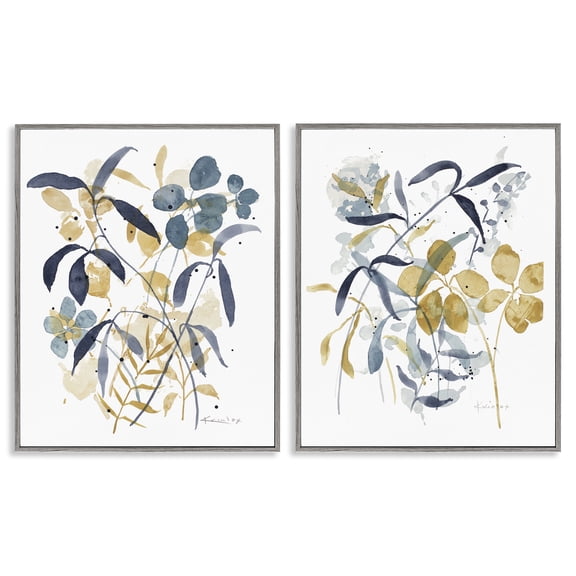 Stupell Industries Whimsy Watercolor Botanicals Floral Painting Gray Framed Art Print Wall Art, 11 x 14, Set of 2