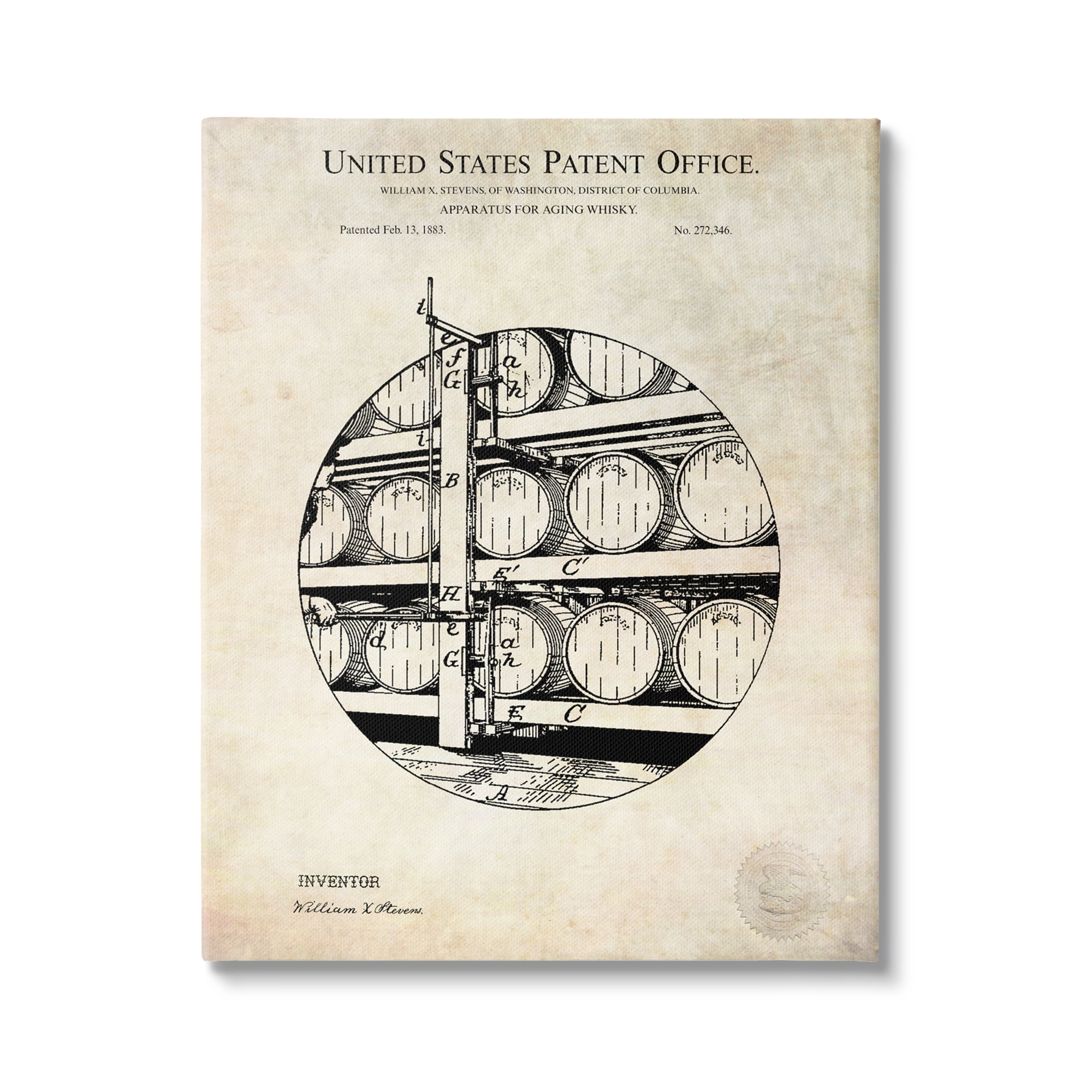 Stupell Industries Whiskey Aging Barrel Detailed Vintage Patent Diagram Canvas Wall Art, 24 x 30, Design by Karl Hronek