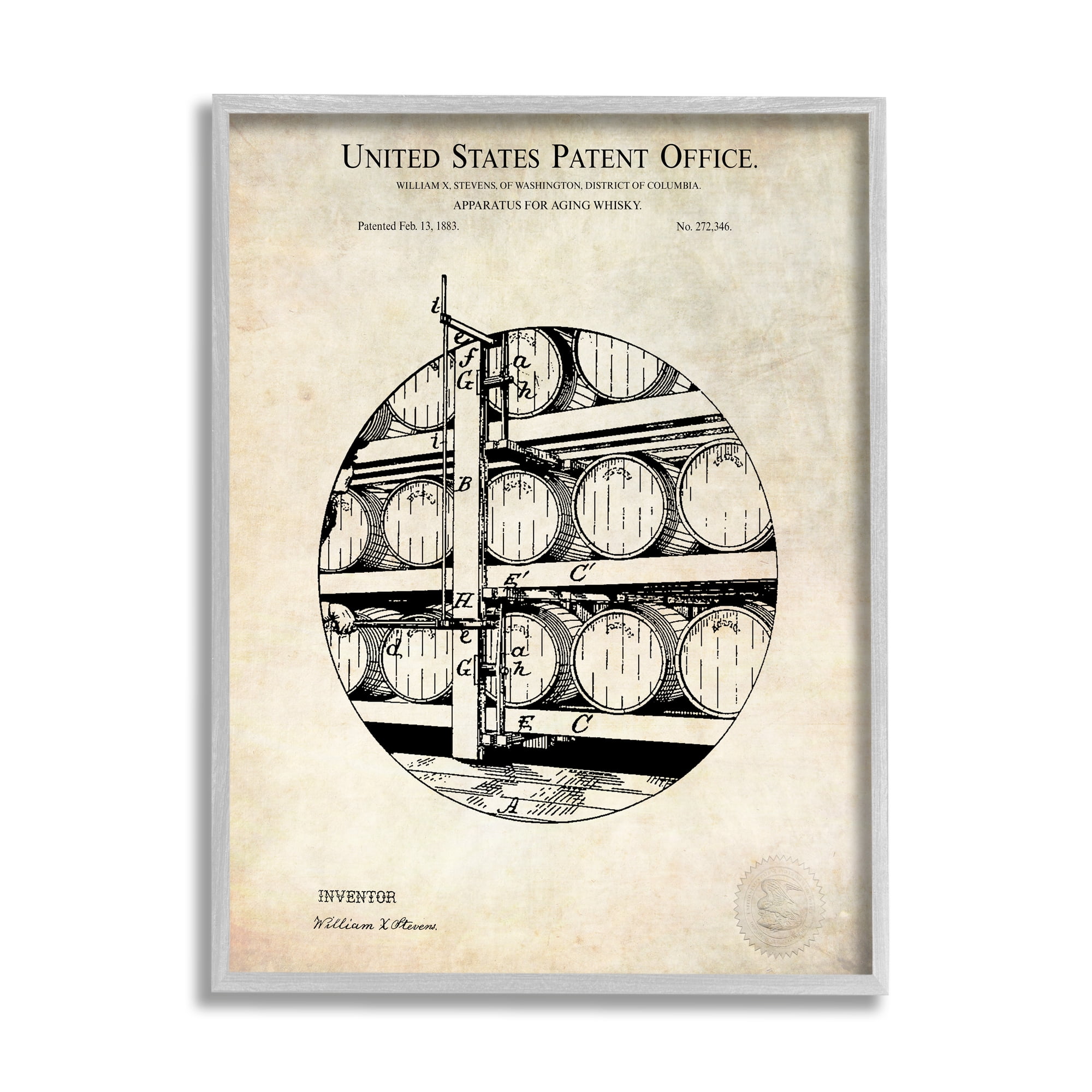 Stupell Industries Whiskey Aging Barrel Detailed Vintage Patent Diagram Framed Wall Art, 16 x 20, Design by Karl Hronek