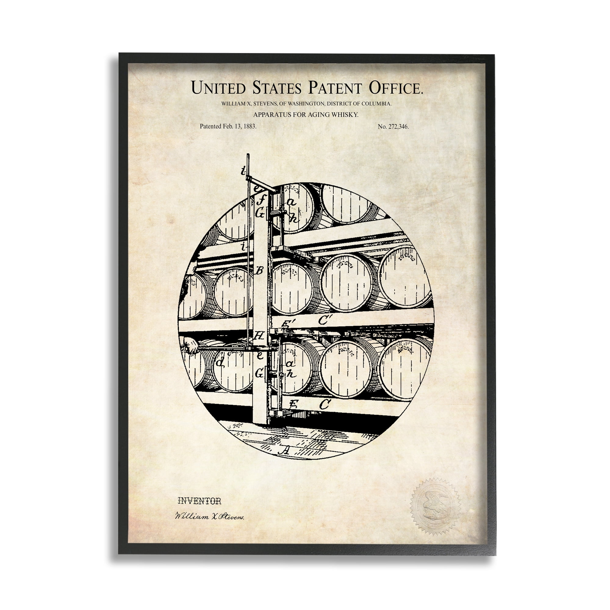 Stupell Industries Whiskey Aging Barrel Detailed Vintage Patent Diagram Framed Wall Art, 16 x 20, Design by Karl Hronek