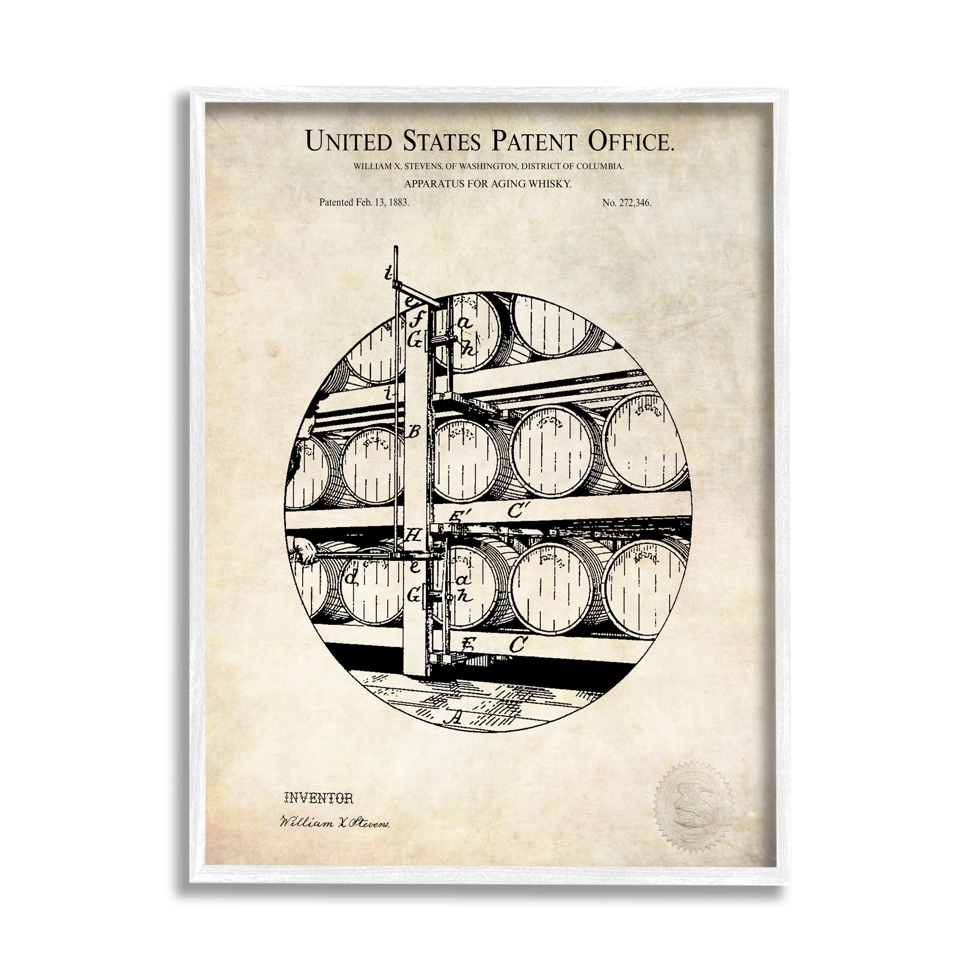 Stupell Industries Whiskey Aging Barrel Detailed Vintage Patent Diagram Framed Wall Art, 24 x 30, Design by Karl Hronek