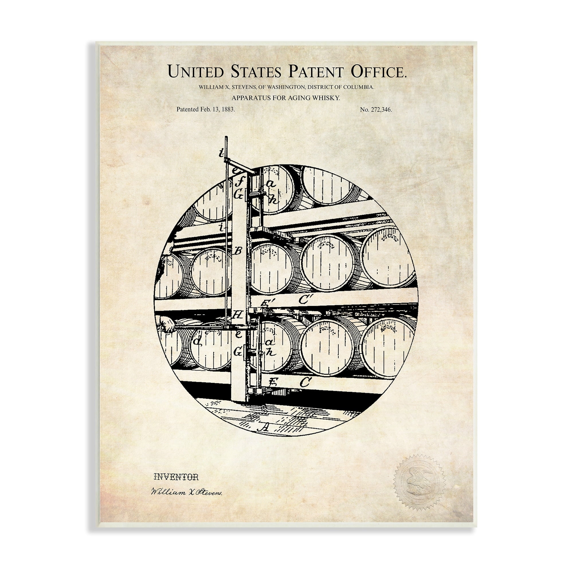 Stupell Industries Whiskey Aging Barrel Detailed Vintage Patent Diagram Wood Wall Art, 13 x 19, Design by Karl Hronek