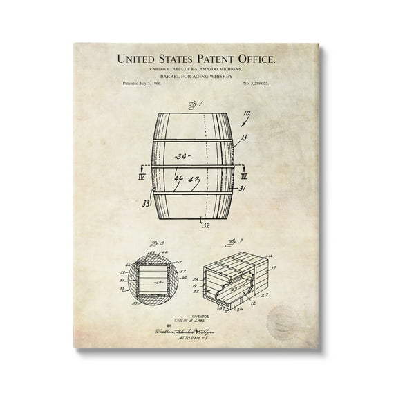 Stupell Industries Whiskey Aging Barrel Liquor Diagram Patent Design Canvas Wall Art, 24 x 30, Design by Karl Hronek