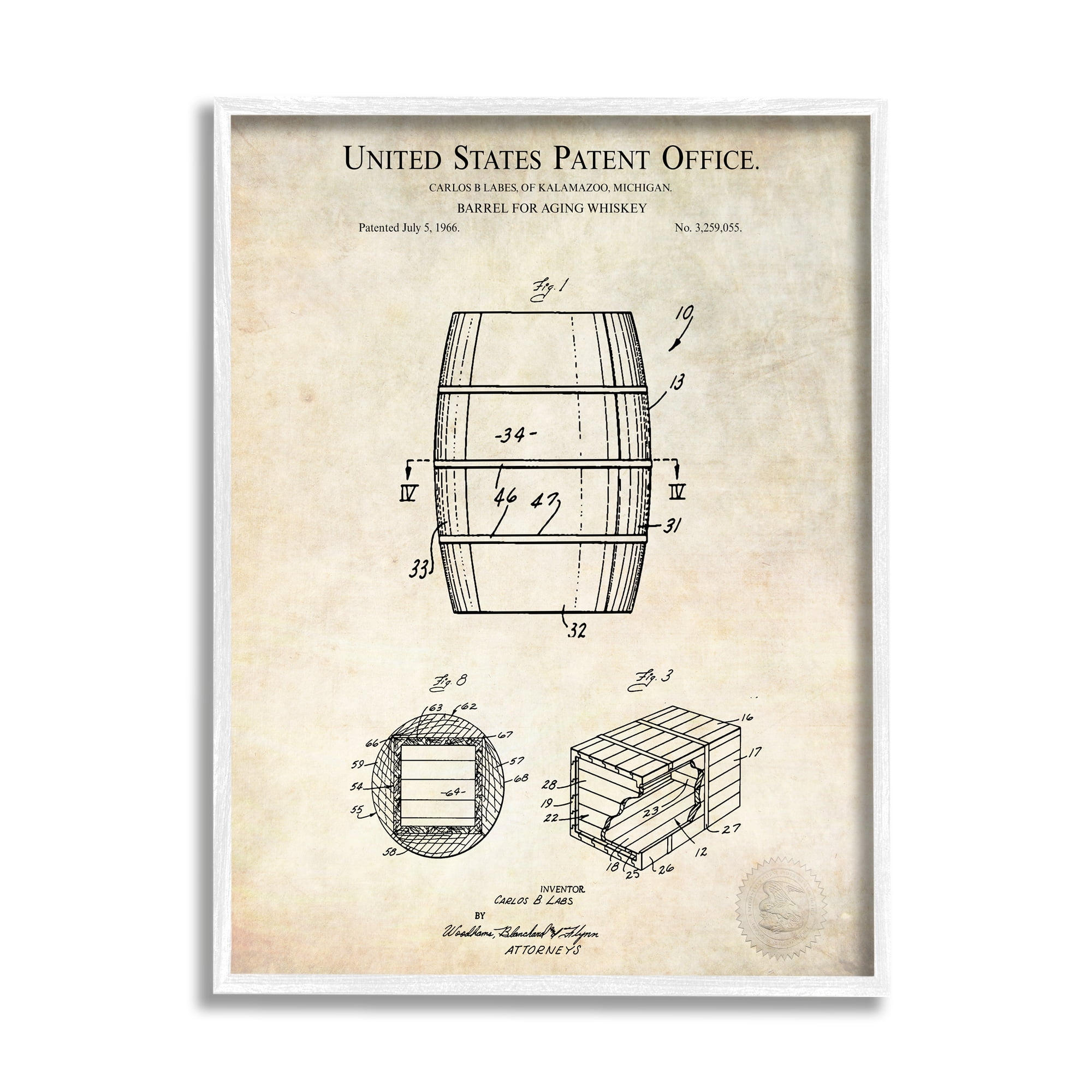 Stupell Industries Whiskey Aging Barrel Liquor Diagram Patent Design Framed Wall Art, 11 x 14, Design by Karl Hronek