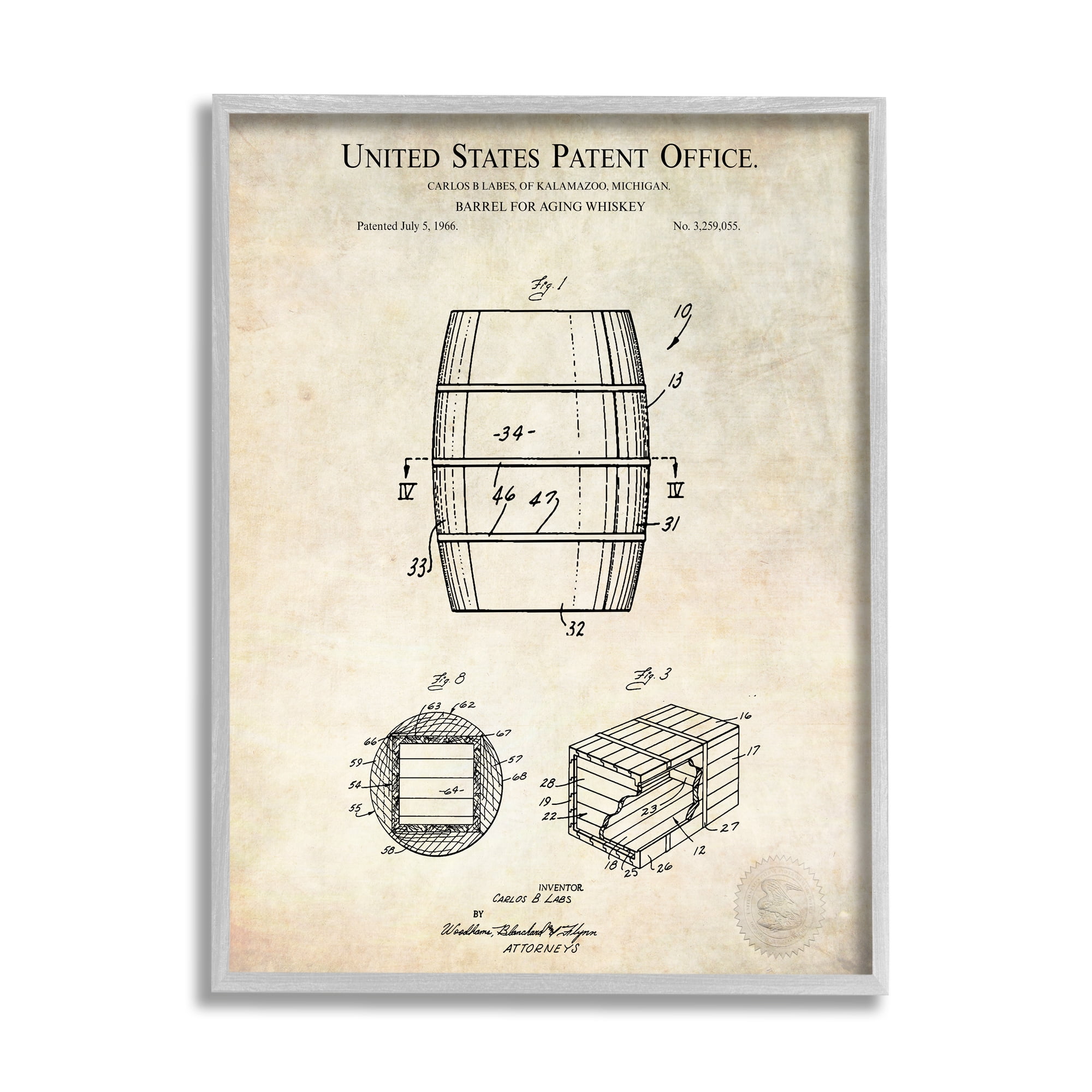 Stupell Industries Whiskey Aging Barrel Liquor Diagram Patent Design Framed Wall Art, 24 x 30, Design by Karl Hronek