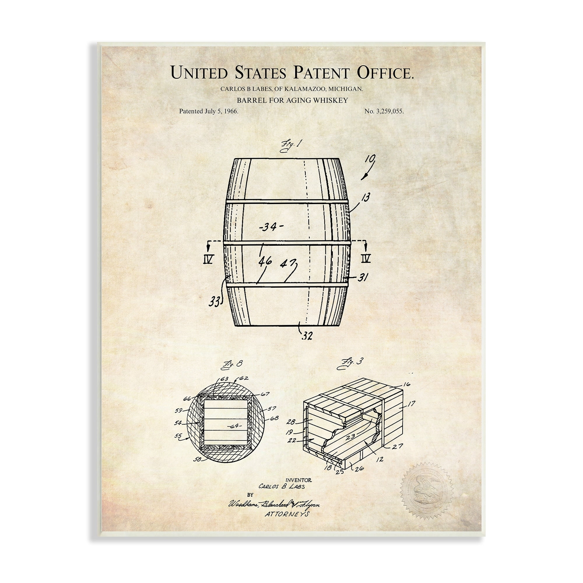 Stupell Industries Whiskey Aging Barrel Liquor Diagram Patent Design Wood Wall Art, 13 x 19, Design by Karl Hronek