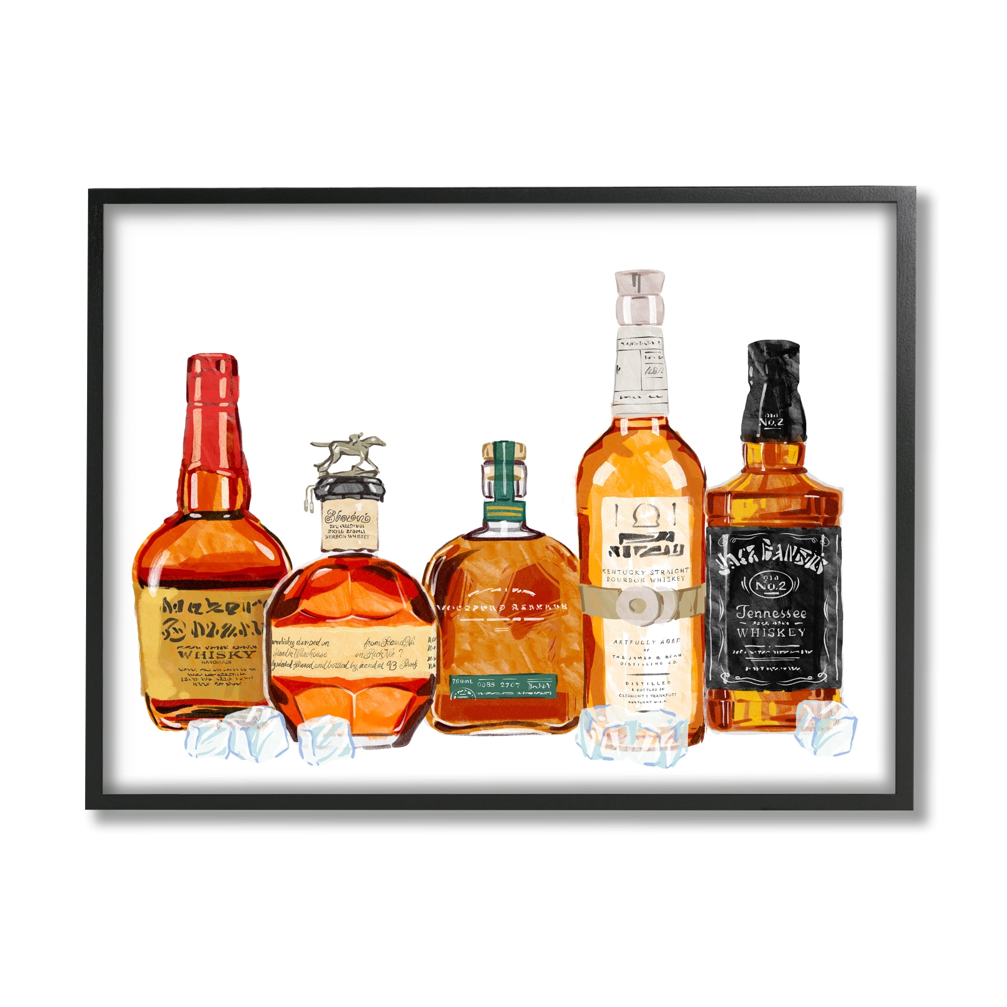 Stupell Industries Whiskey Bottles & Ice Cubes Food & Beverage Painting Black Framed Art Print Wall Art, 30 x 24