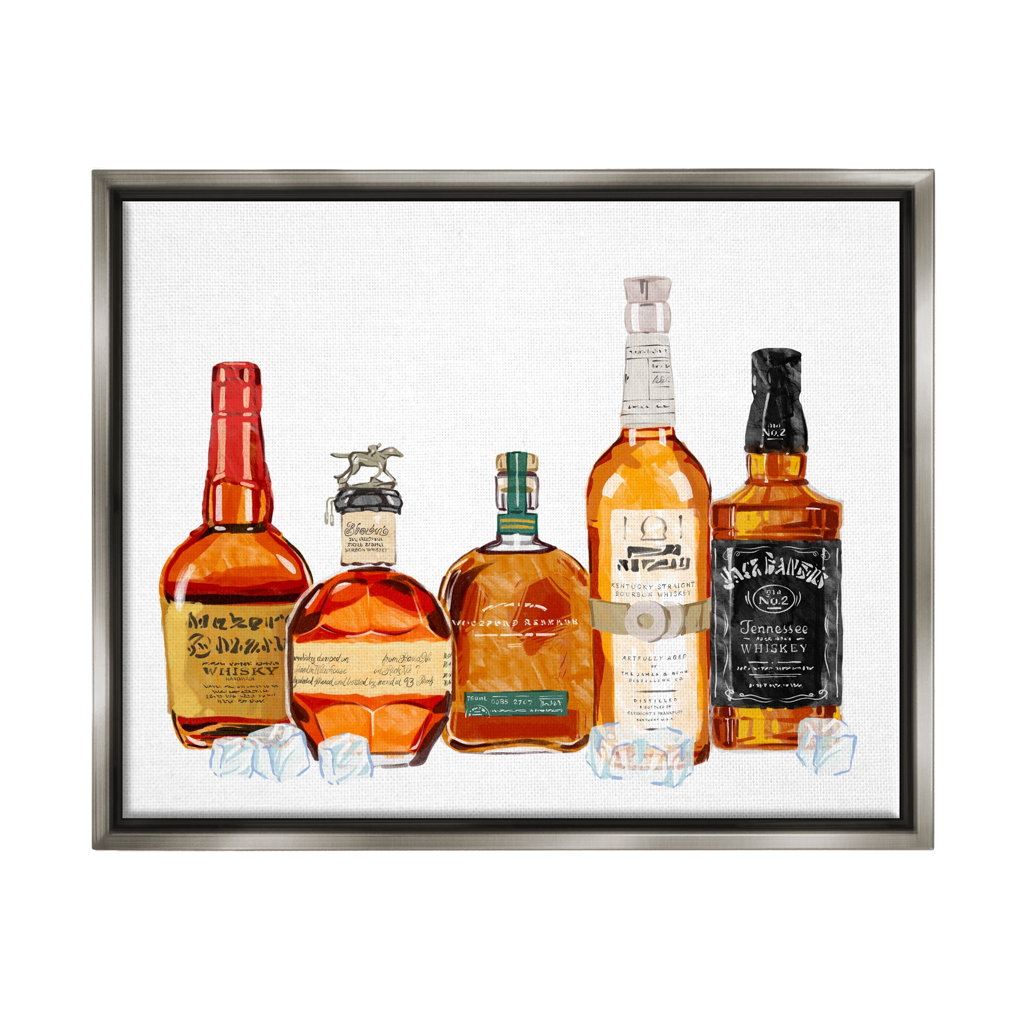 Stupell Industries Whiskey Bottles & Ice Cubes Food & Beverage Painting Gray Floater Framed Art Print Wall Art, 31 x 25
