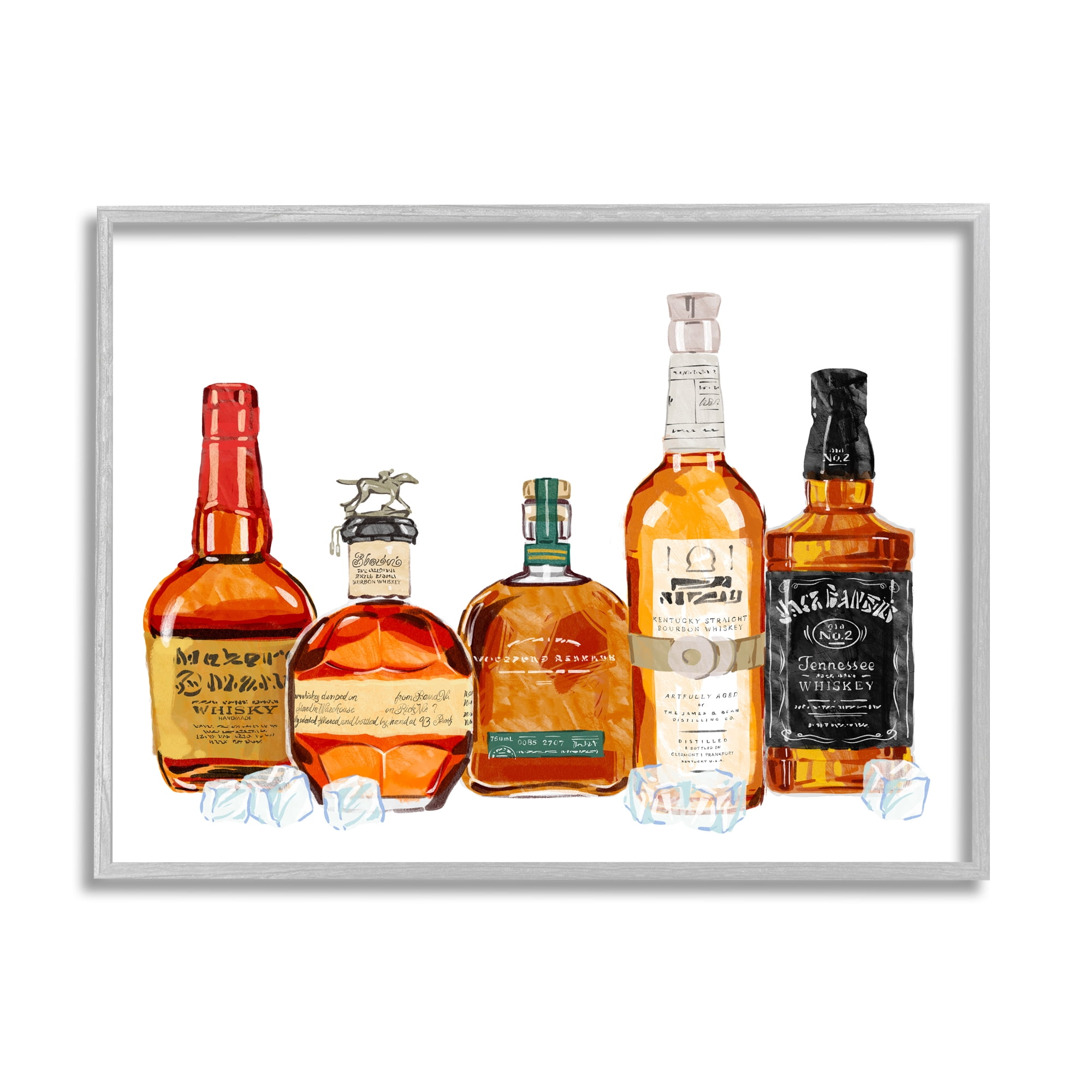 Stupell Industries Whiskey Bottles & Ice Cubes Food & Beverage Painting Gray Framed Art Print Wall Art, 20 x 16