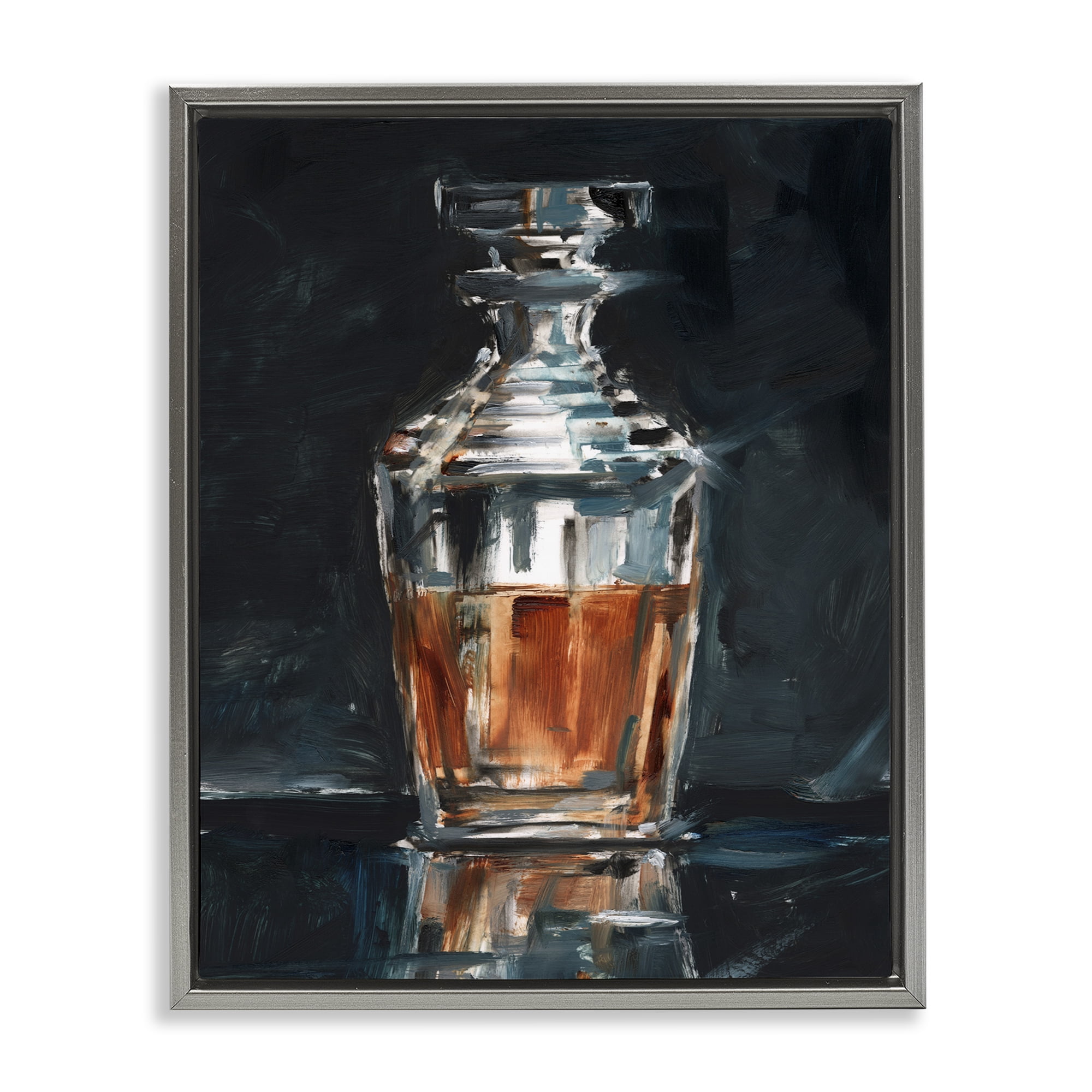 Stupell Industries Whiskey Decanter Still Life Food & Beverage Painting Gray Floater Framed Art Print Wall Art, 17 x 21
