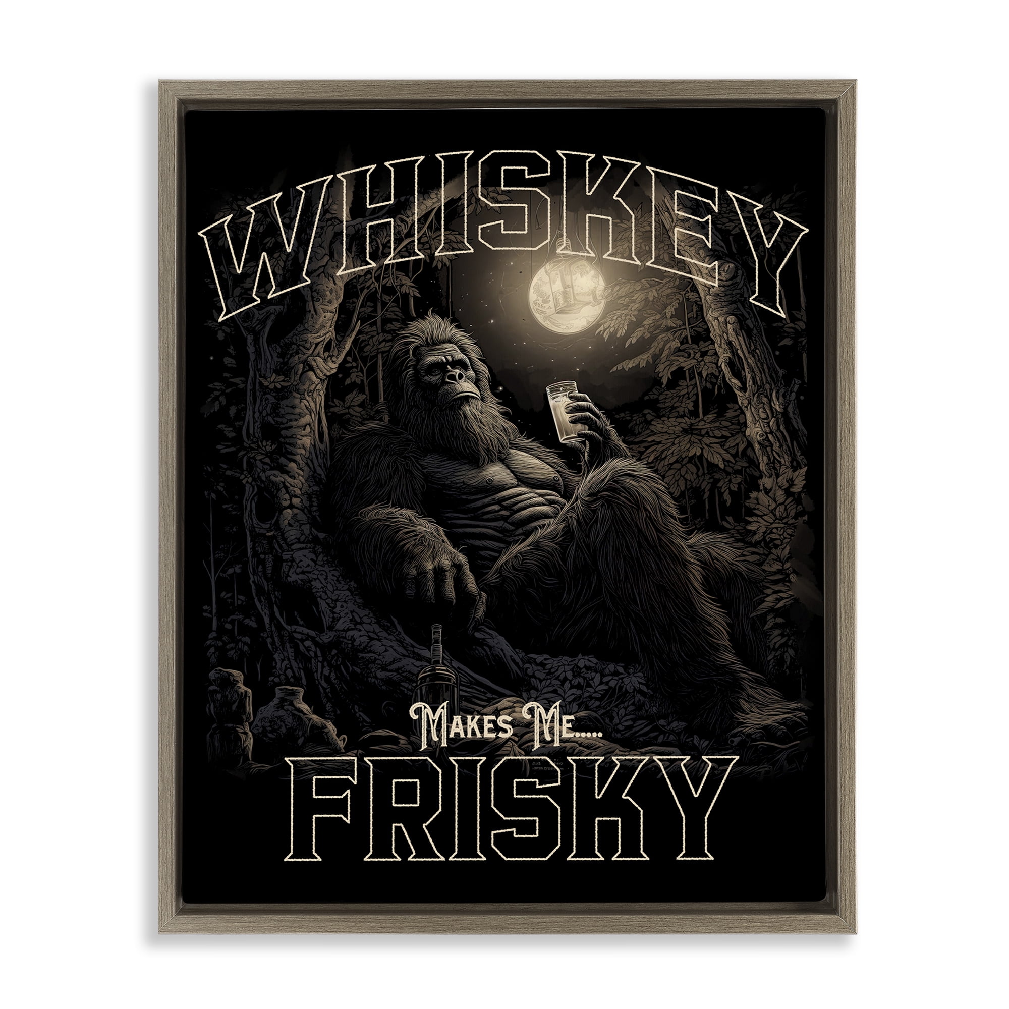Stupell Industries Whiskey Makes Me Frisky Fairy Tales & Fantasy Painting Brown Floater Framed Canvas Art Print Wall Art, 25 x 31