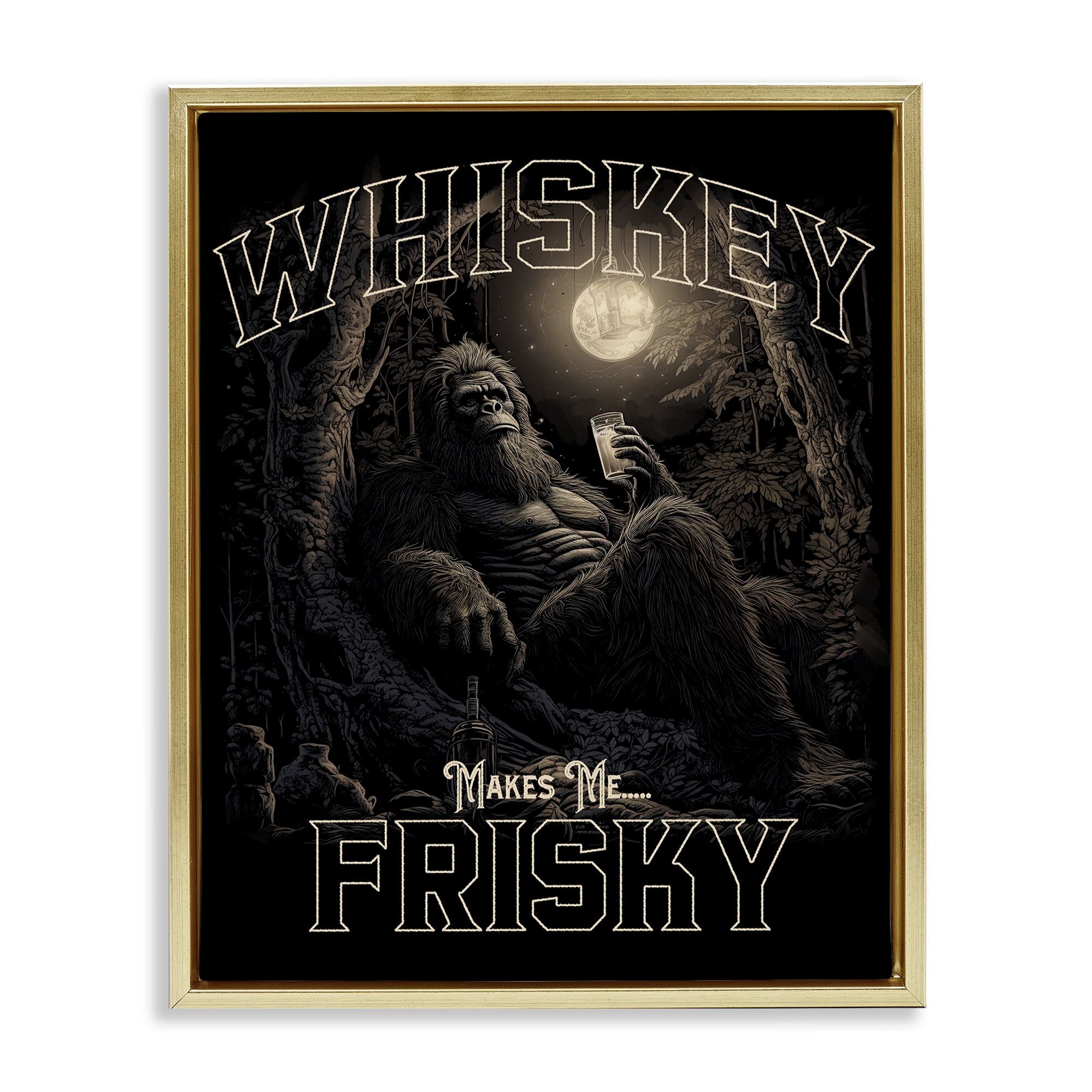 Stupell Industries Whiskey Makes Me Frisky Fairy Tales & Fantasy Painting Gold Floater Framed Canvas Art Print Wall Art, 17 x 21