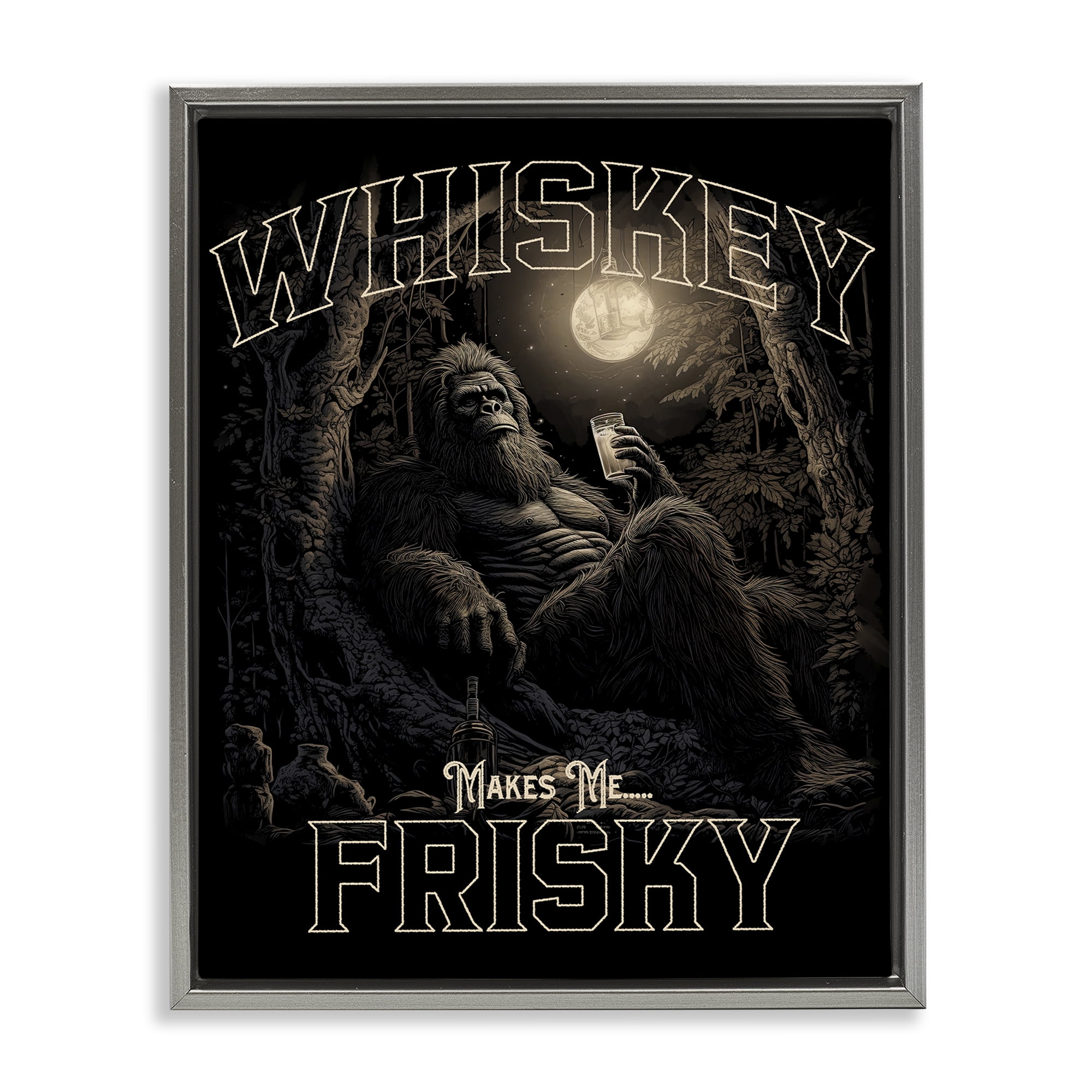 Stupell Industries Whiskey Makes Me Frisky Fairy Tales & Fantasy Painting Gray Floater Framed Canvas Art Print Wall Art, 17 x 21