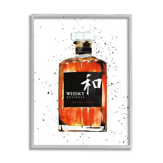 Stupell Industries Whisky Business Quote Japanese Liquor Bottle Grey Framed, 11 x 14, Design by Mercedes Lopez Charro