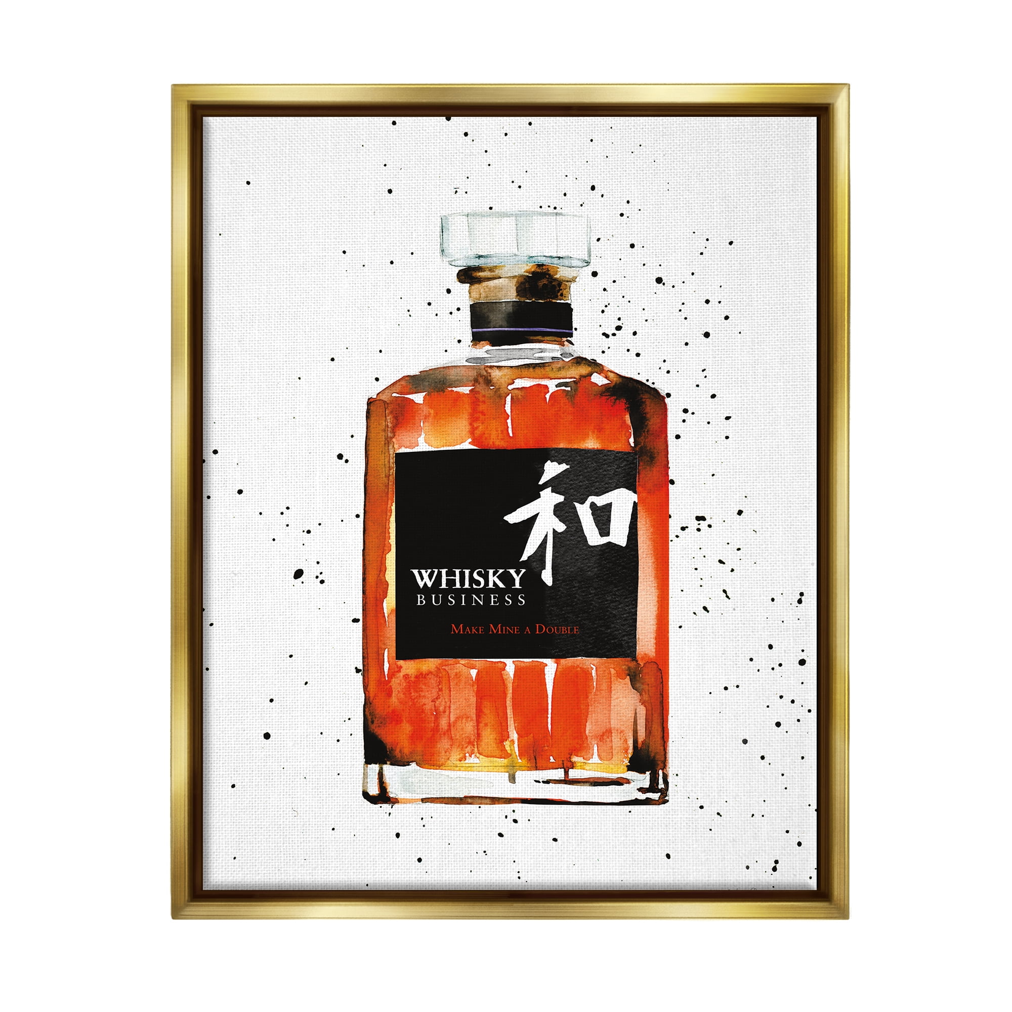 Stupell Industries Whisky Business Quote Japanese Liquor Bottle Metallic Gold Framed Floating Canvas Wall Art, 24x30, by Mercedes Lopez Charro