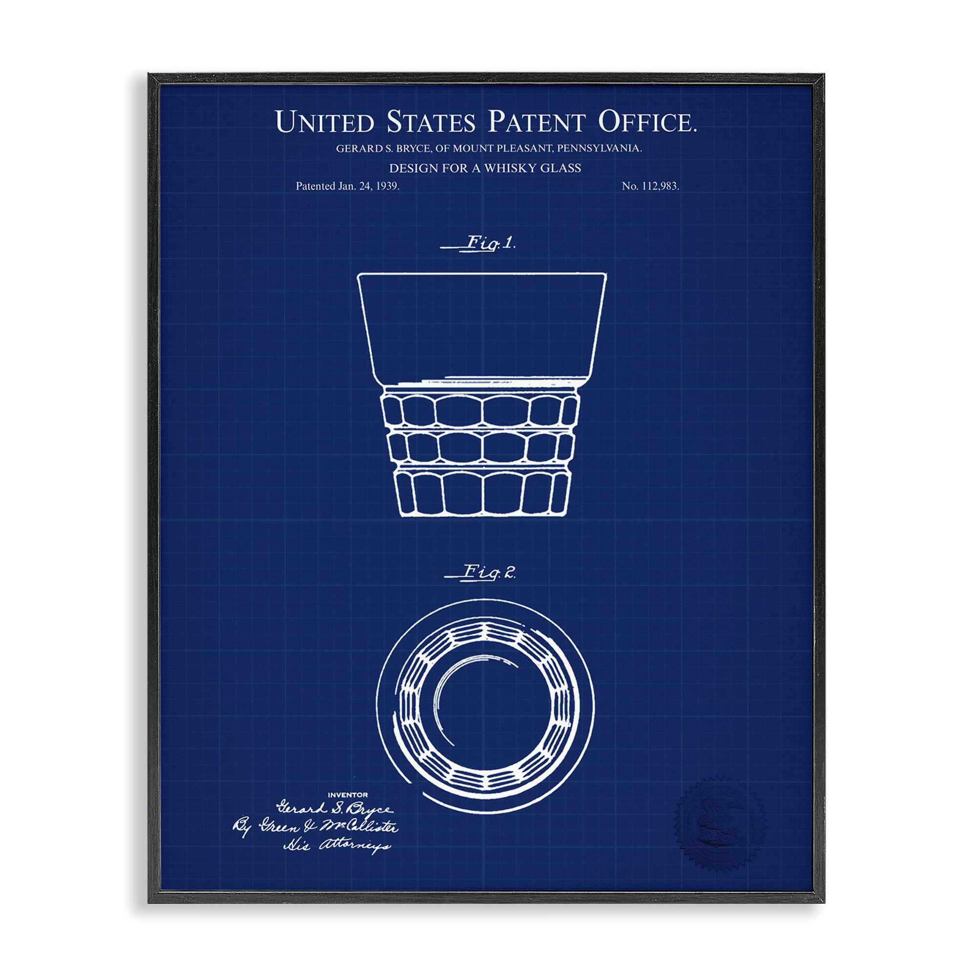 Stupell Industries Whisky Glass Blueprint Typography Painting Black Framed Art Print Wall Art, 24 x 30