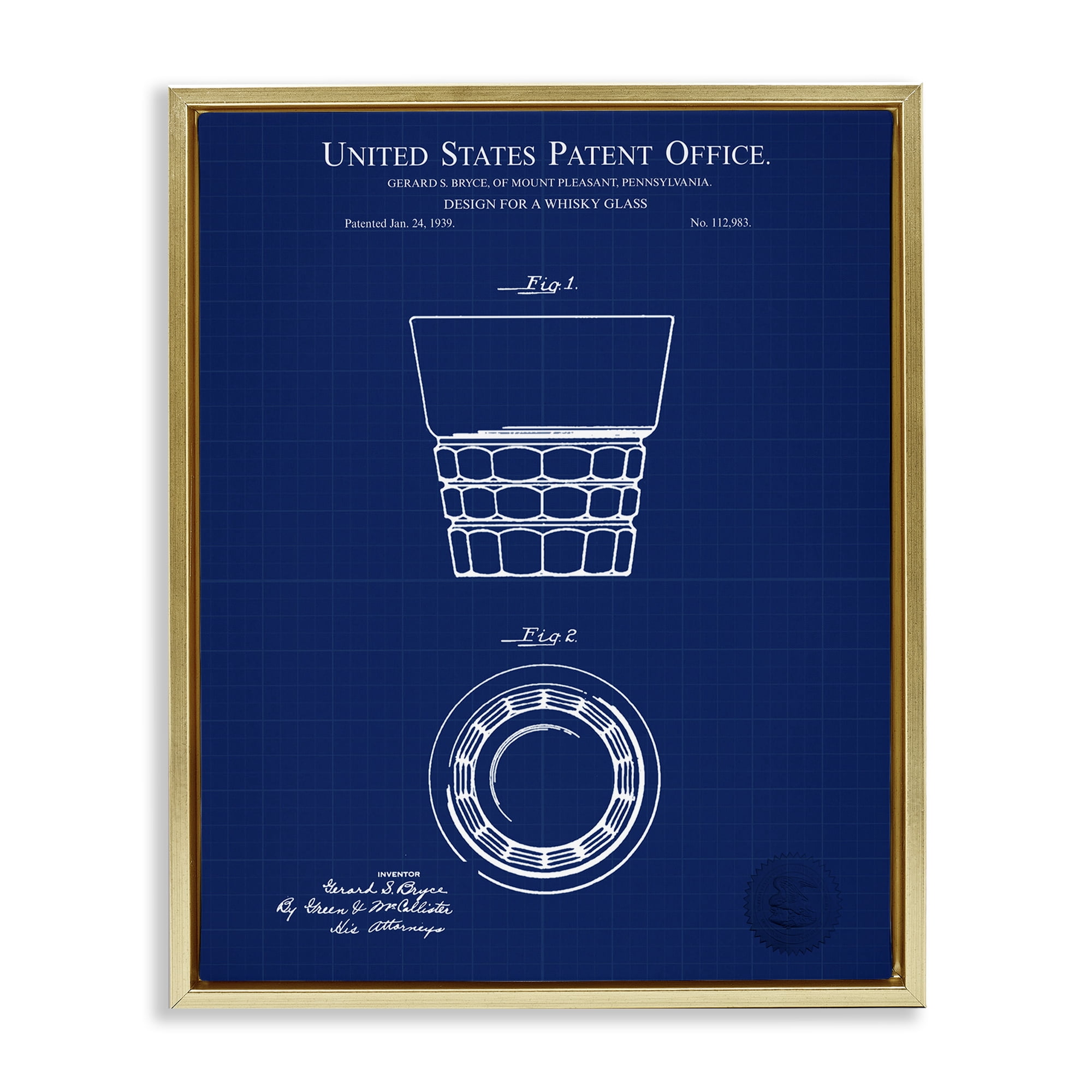 Stupell Industries Whisky Glass Blueprint Typography Painting Gold Floater Framed Art Print Wall Art, 25 x 31