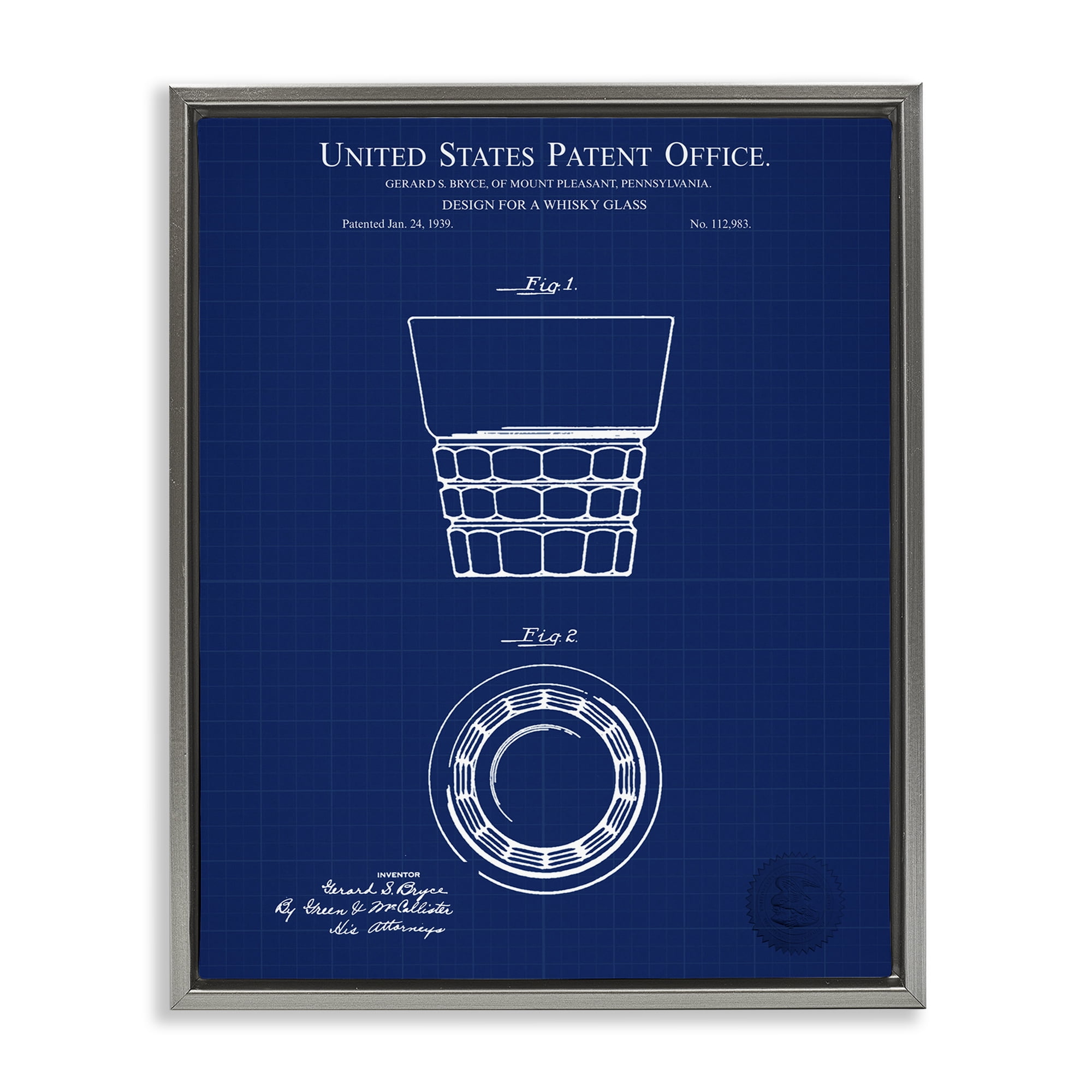 Stupell Industries Whisky Glass Blueprint Typography Painting Gray Floater Framed Art Print Wall Art, 17 x 21