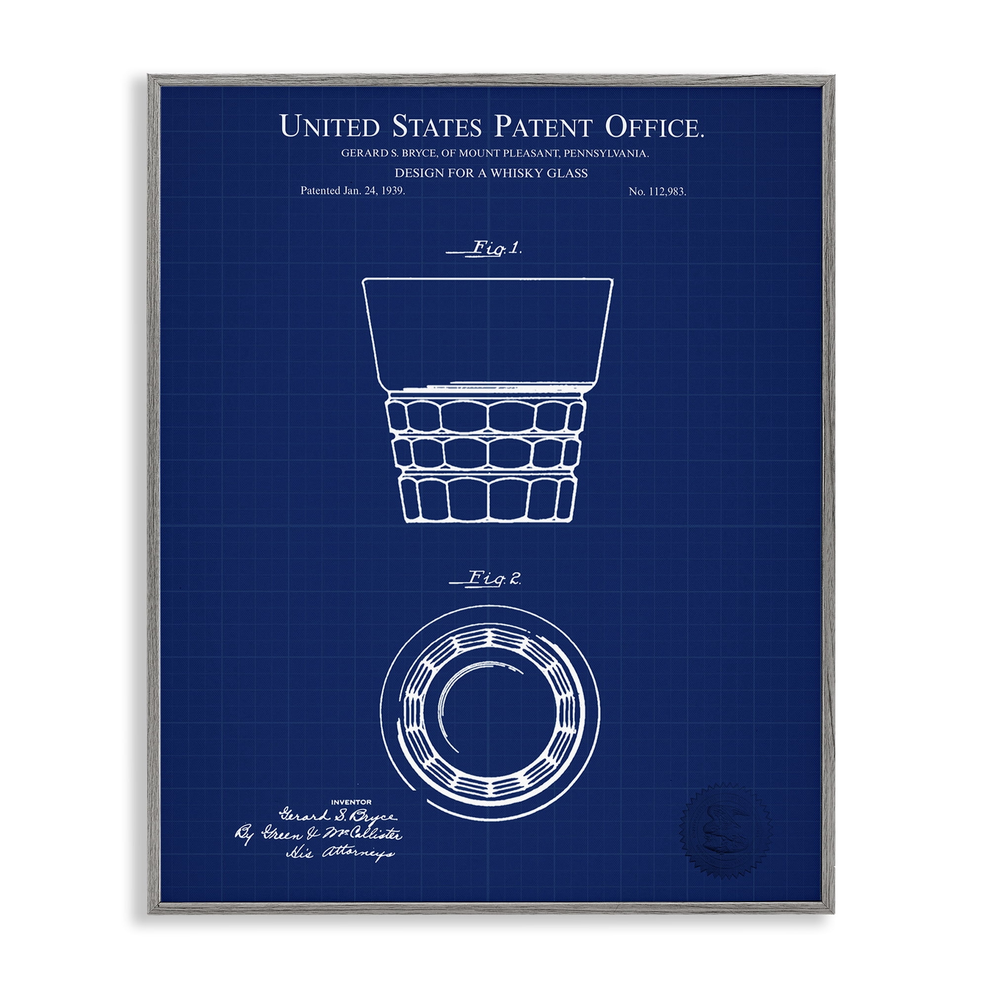 Stupell Industries Whisky Glass Blueprint Typography Painting Gray Framed Art Print Wall Art, 16 x 20