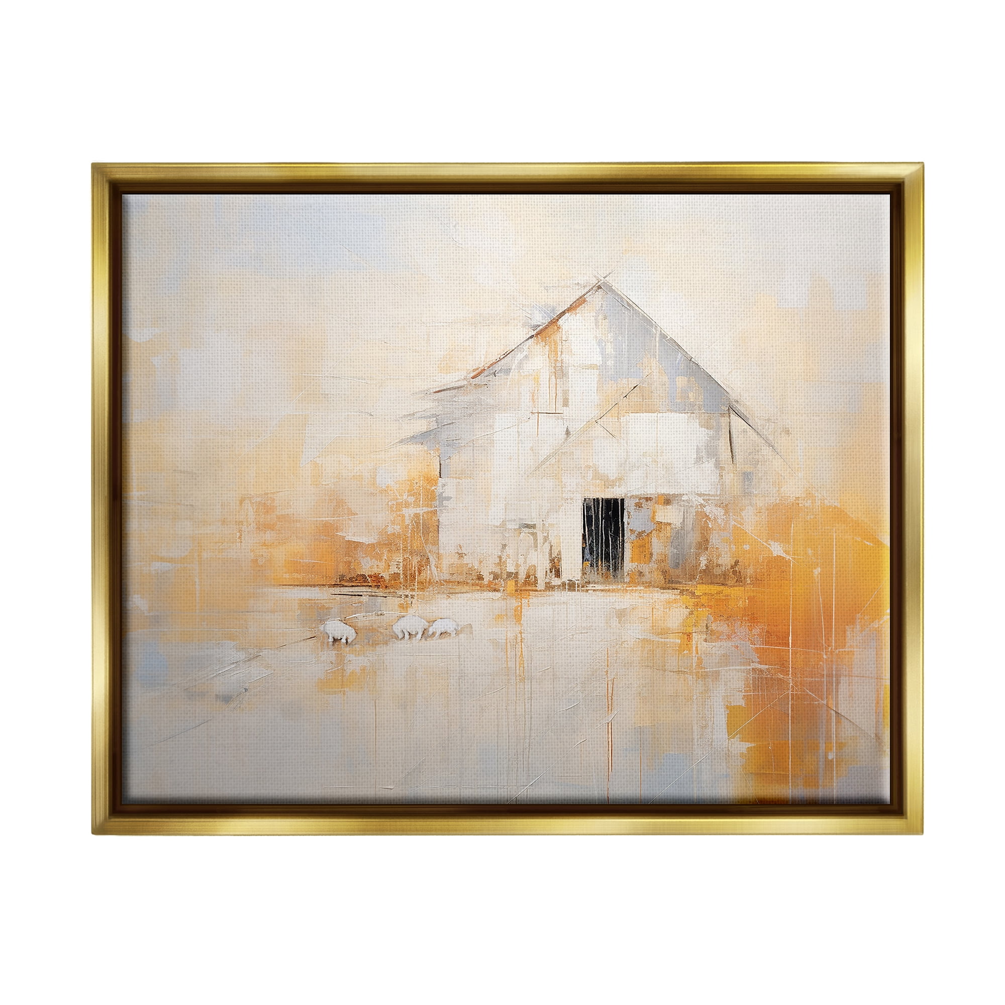 Stupell Industries White Abstract Barn Painting Abstract Painting Gold Floater Framed Canvas Art Print Wall Art, 21 x 17