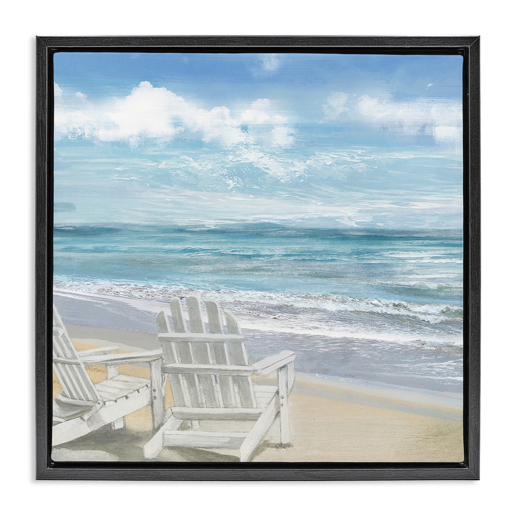 Stupell Industries White Adirondack Chairs on Beach Landscape Painting Black Floater Framed Canvas Art Print Wall Art, 25 x 25