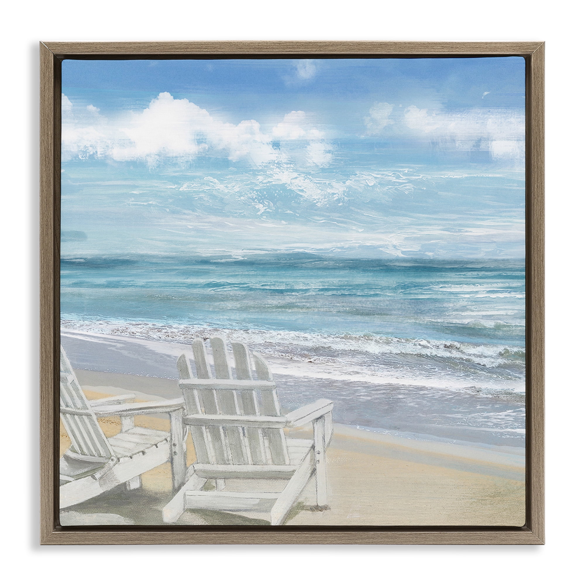 Stupell Industries White Adirondack Chairs on Beach Landscape Painting Brown Floater Framed Canvas Art Print Wall Art, 25 x 25