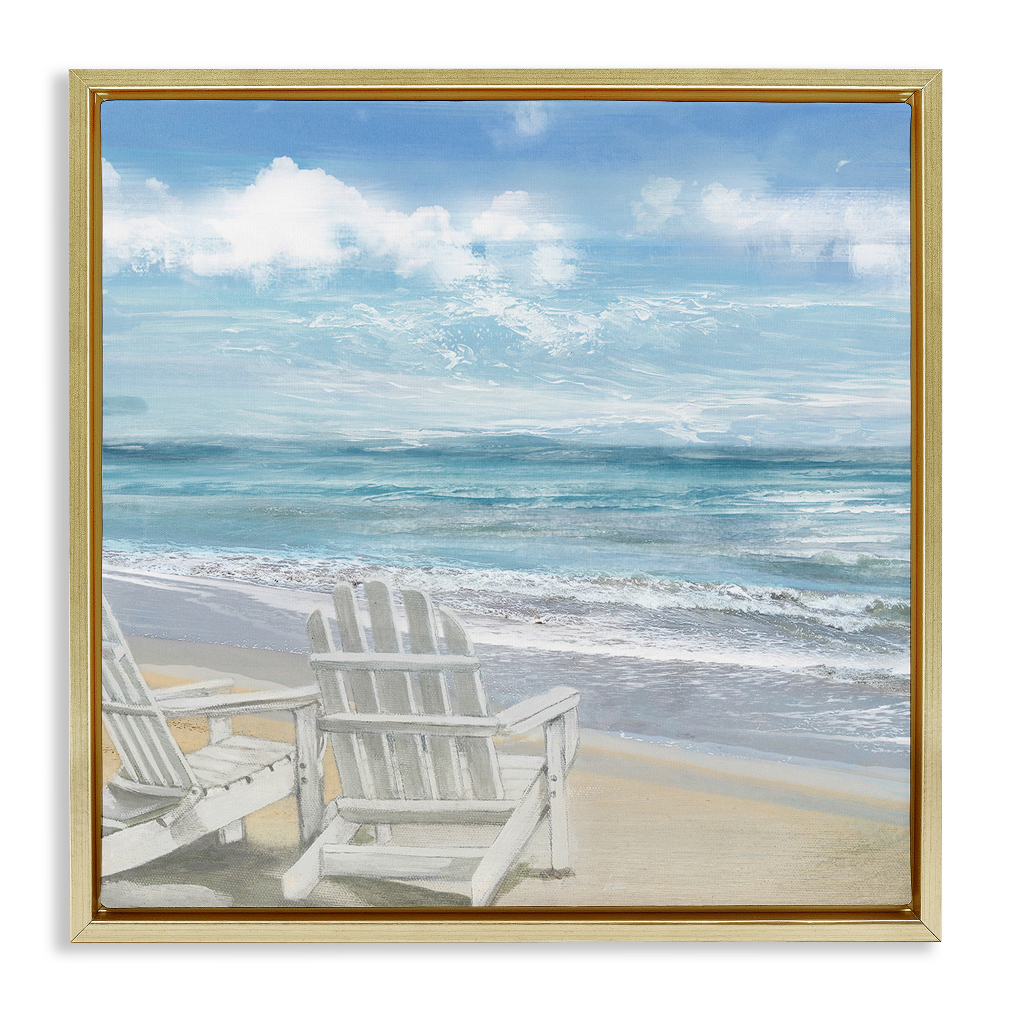 Stupell Industries White Adirondack Chairs on Beach Landscape Painting Gold Floater Framed Canvas Art Print Wall Art, 18 x 18