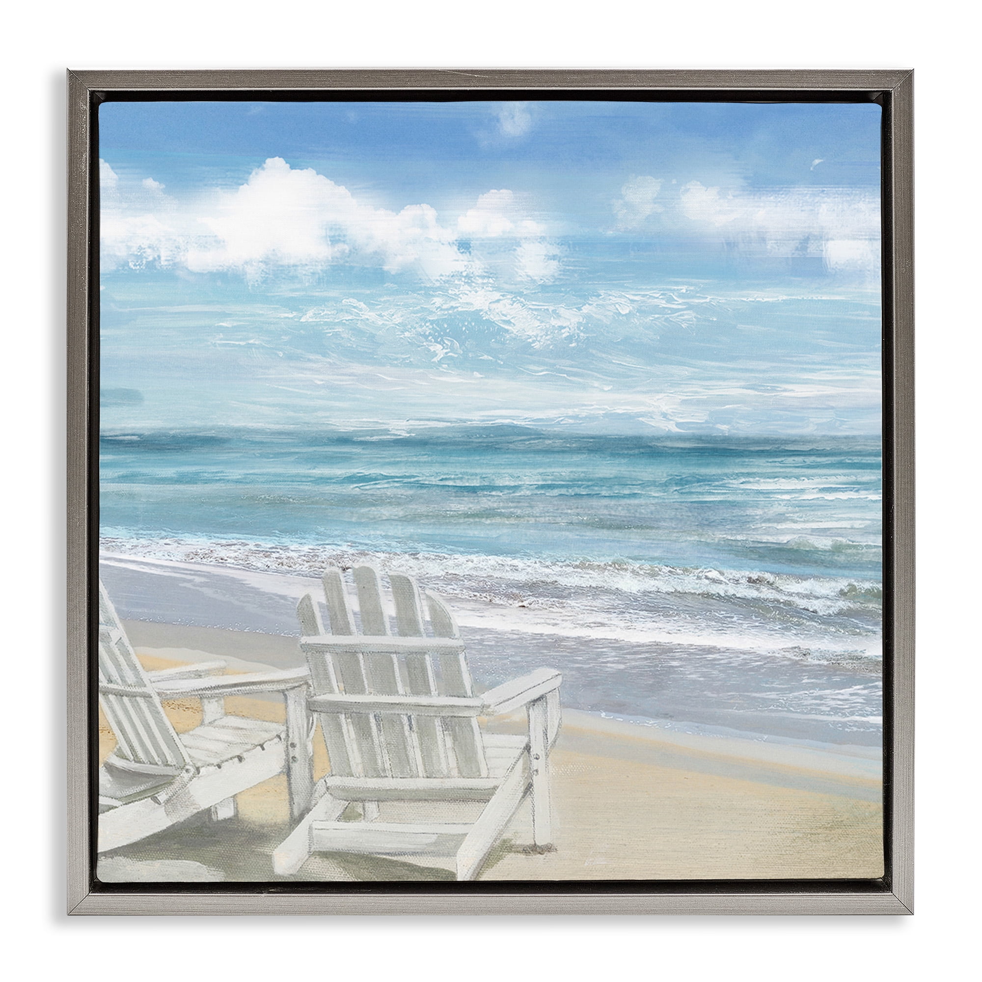 Stupell Industries White Adirondack Chairs on Beach Landscape Painting Gray Floater Framed Canvas Art Print Wall Art, 18 x 18
