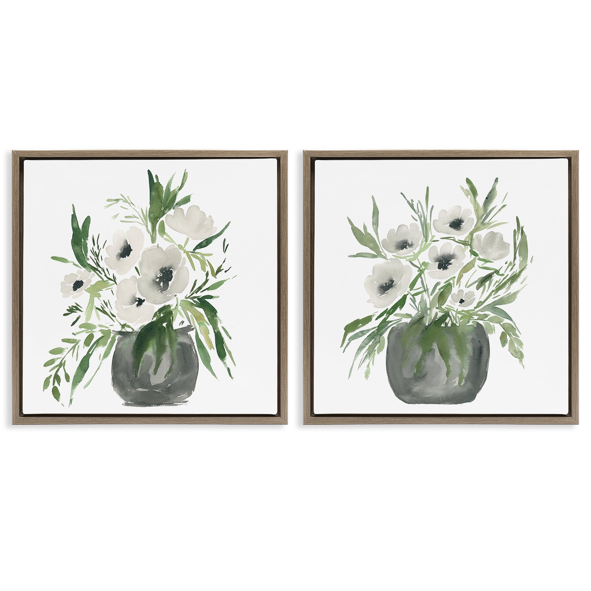 Stupell Industries White Anemone Vases 2 Piece Brown Framed Floater Canvas Set, design by Lucille Price