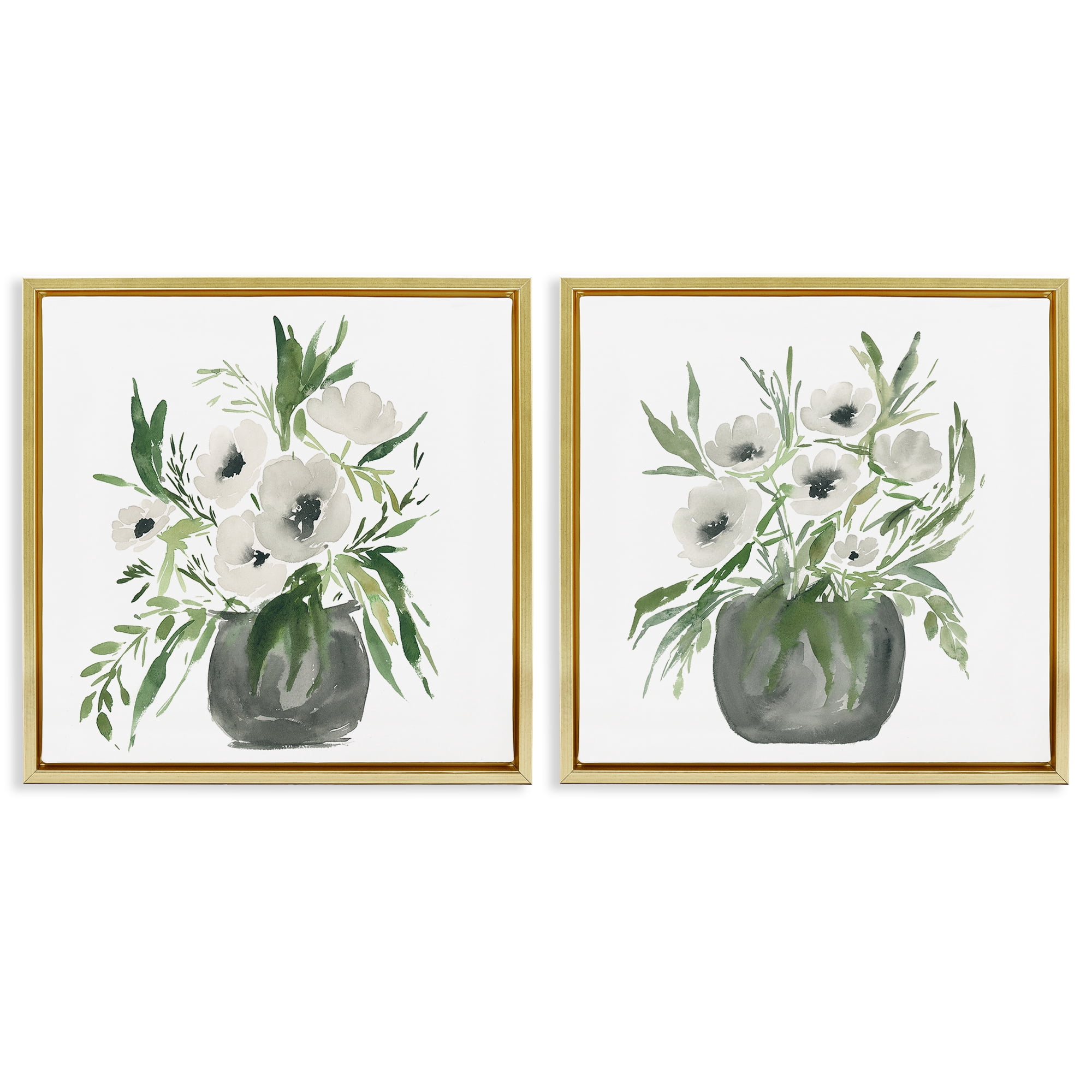 Stupell Industries White Anemone Vases 2 Piece Gold Framed Floater Canvas Set, design by Lucille Price