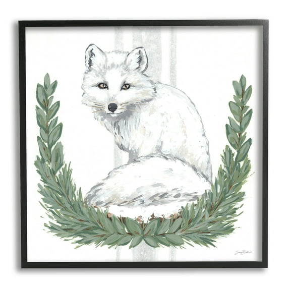 Stupell Industries White Arctic Fox Stripes Botanical Laurel Border Graphic Art Black Framed Art Print Wall Art, Design by Sara Baker